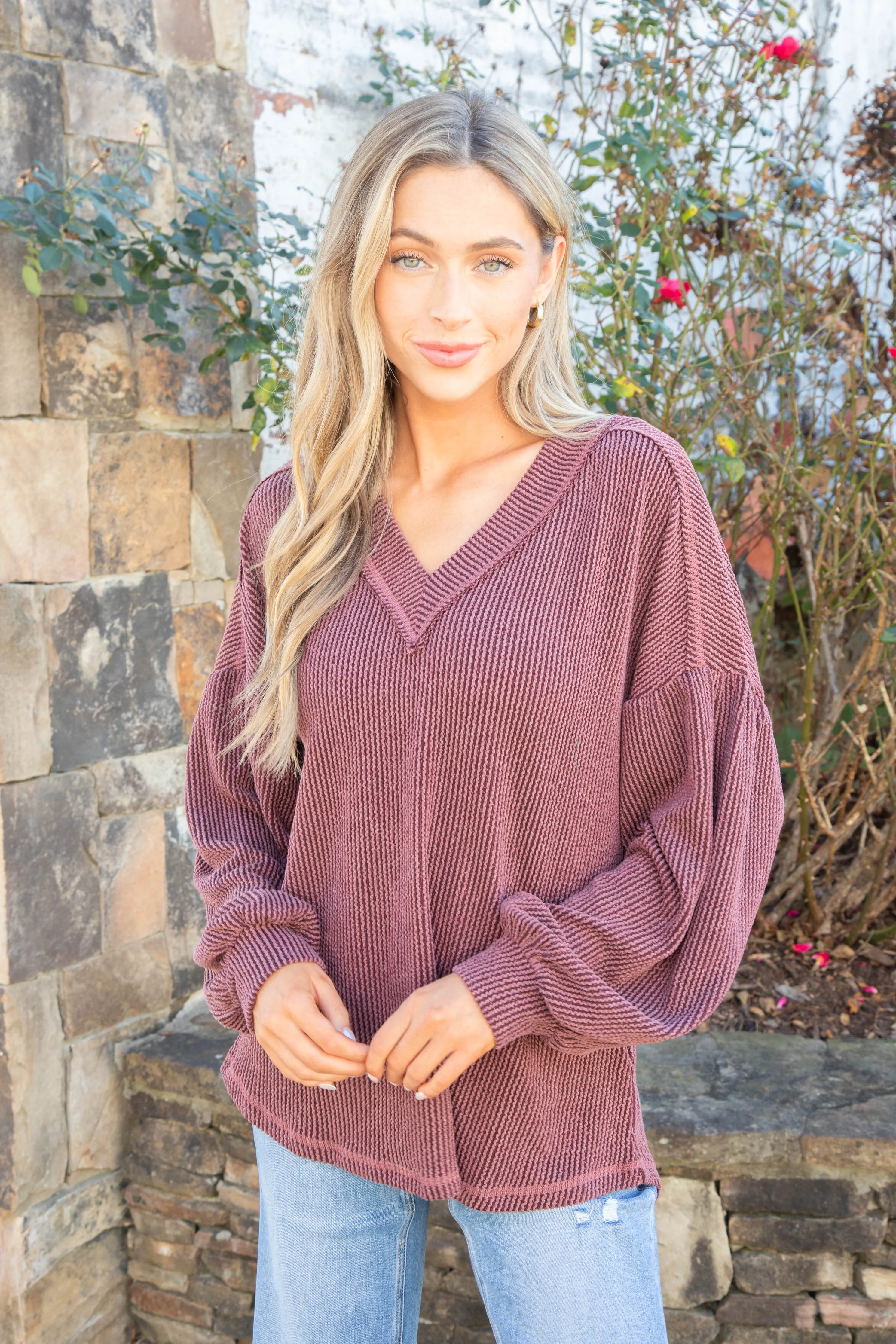 Kayley Two Tone Ribbed Top, Wine sold by North & Main Clothing Company product image thumbnail 5