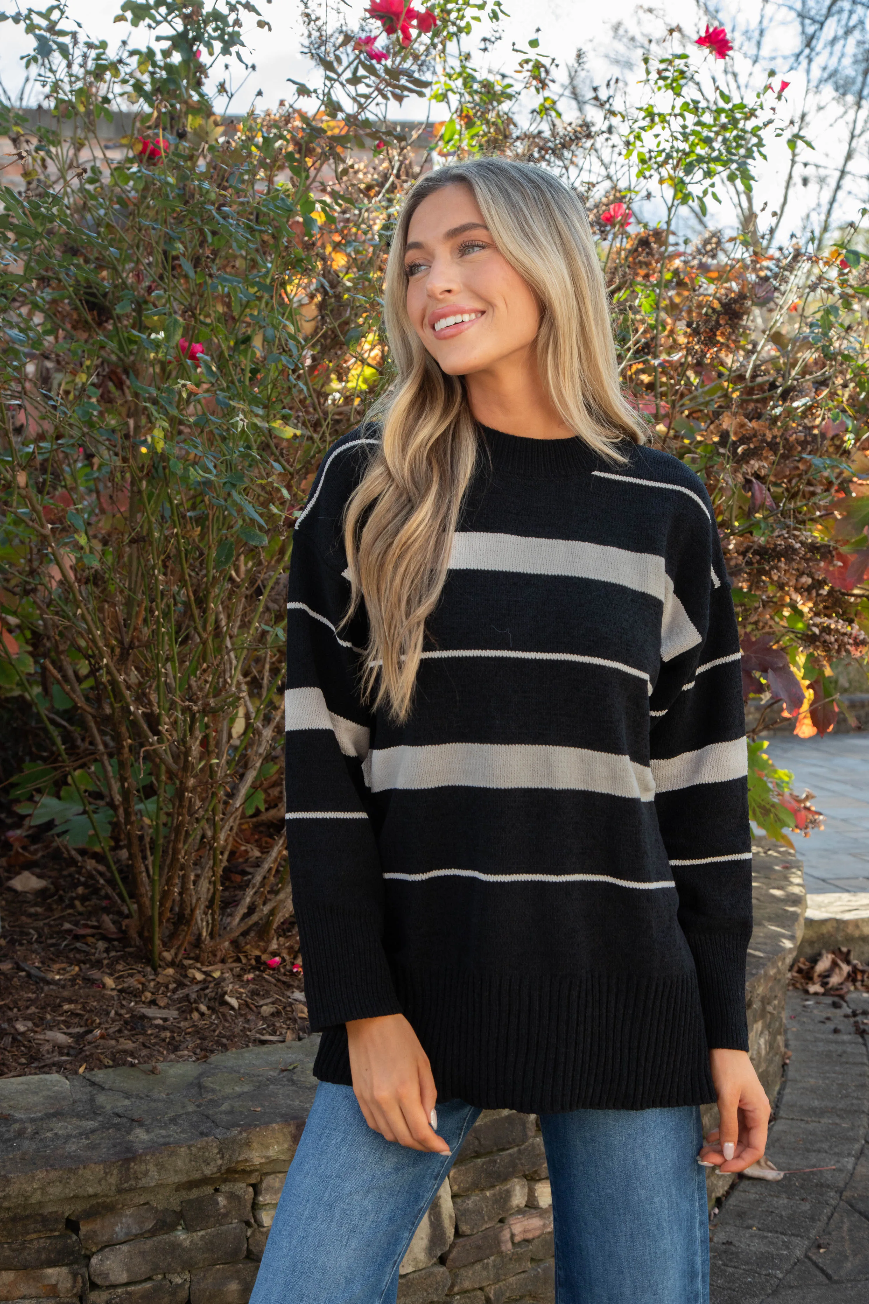 Modern Stripe Tunic Sweater, Black/Almond Stripe | Sanctuary sold by North & Main Clothing Company product image thumbnail 2