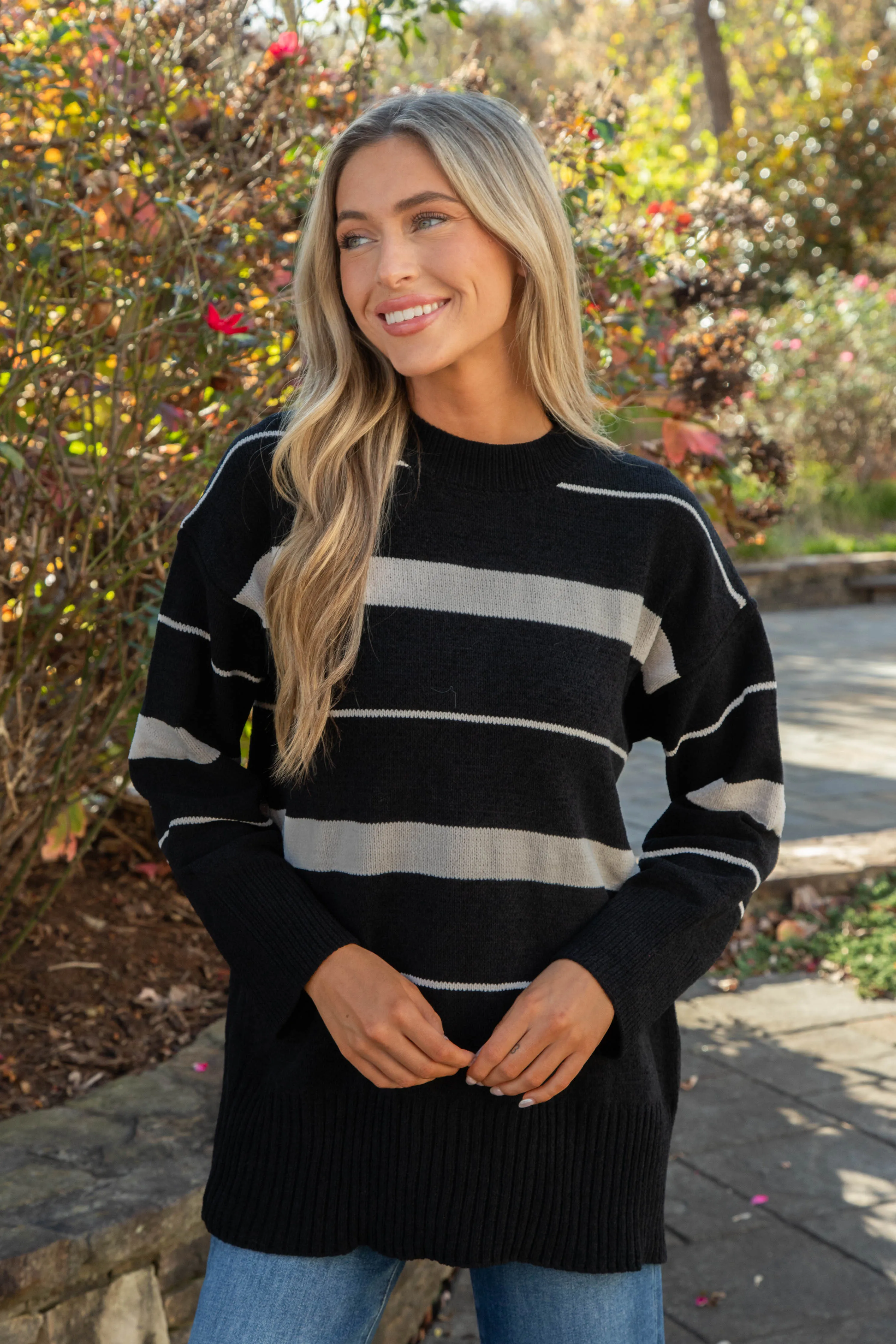 Modern Stripe Tunic Sweater, Black/Almond Stripe | Sanctuary sold by North & Main Clothing Company product image thumbnail 4