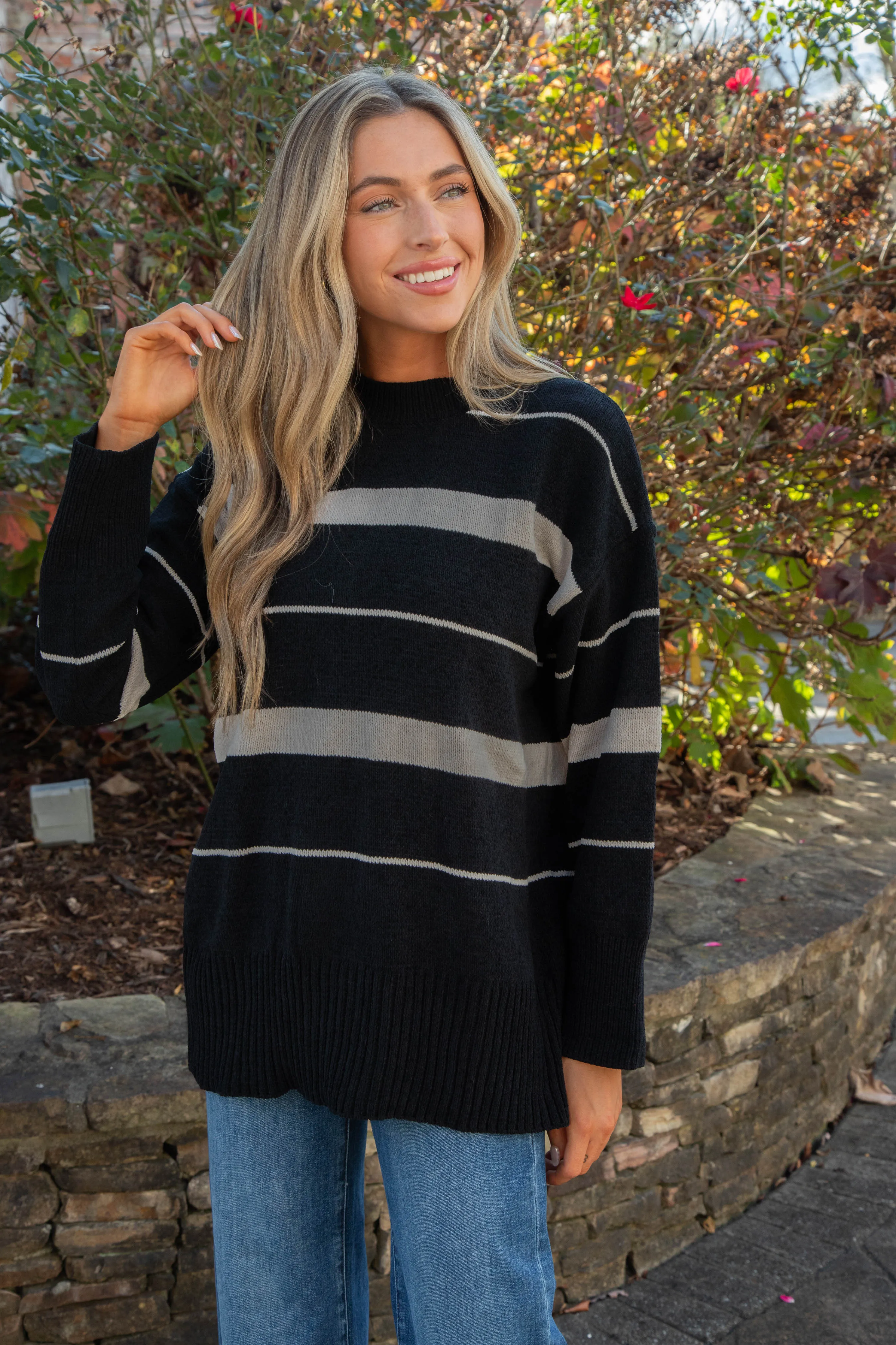 Modern Stripe Tunic Sweater, Black/Almond Stripe | Sanctuary sold by North & Main Clothing Company