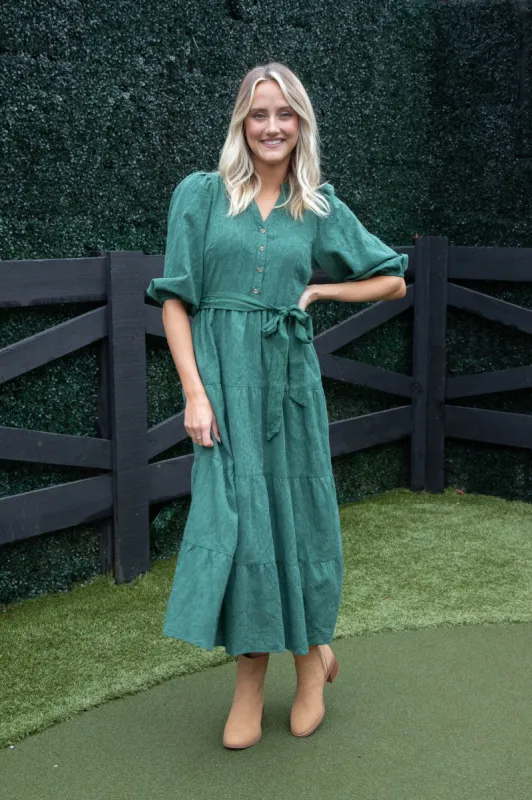 Irelyn Button Neck Maxi Dress, Hunter Green sold by North & Main Clothing Company