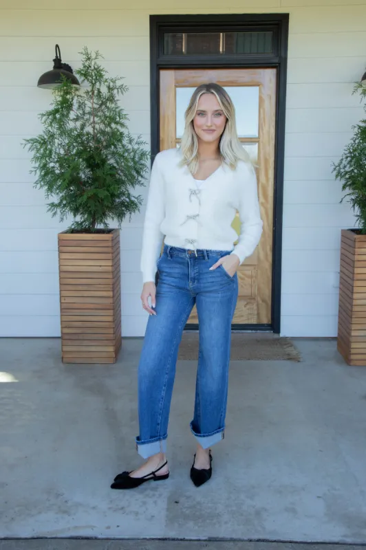 Porcelain Rhinestone Bow Cardigan, Ivory | Sadie & Sage sold by North & Main Clothing Company