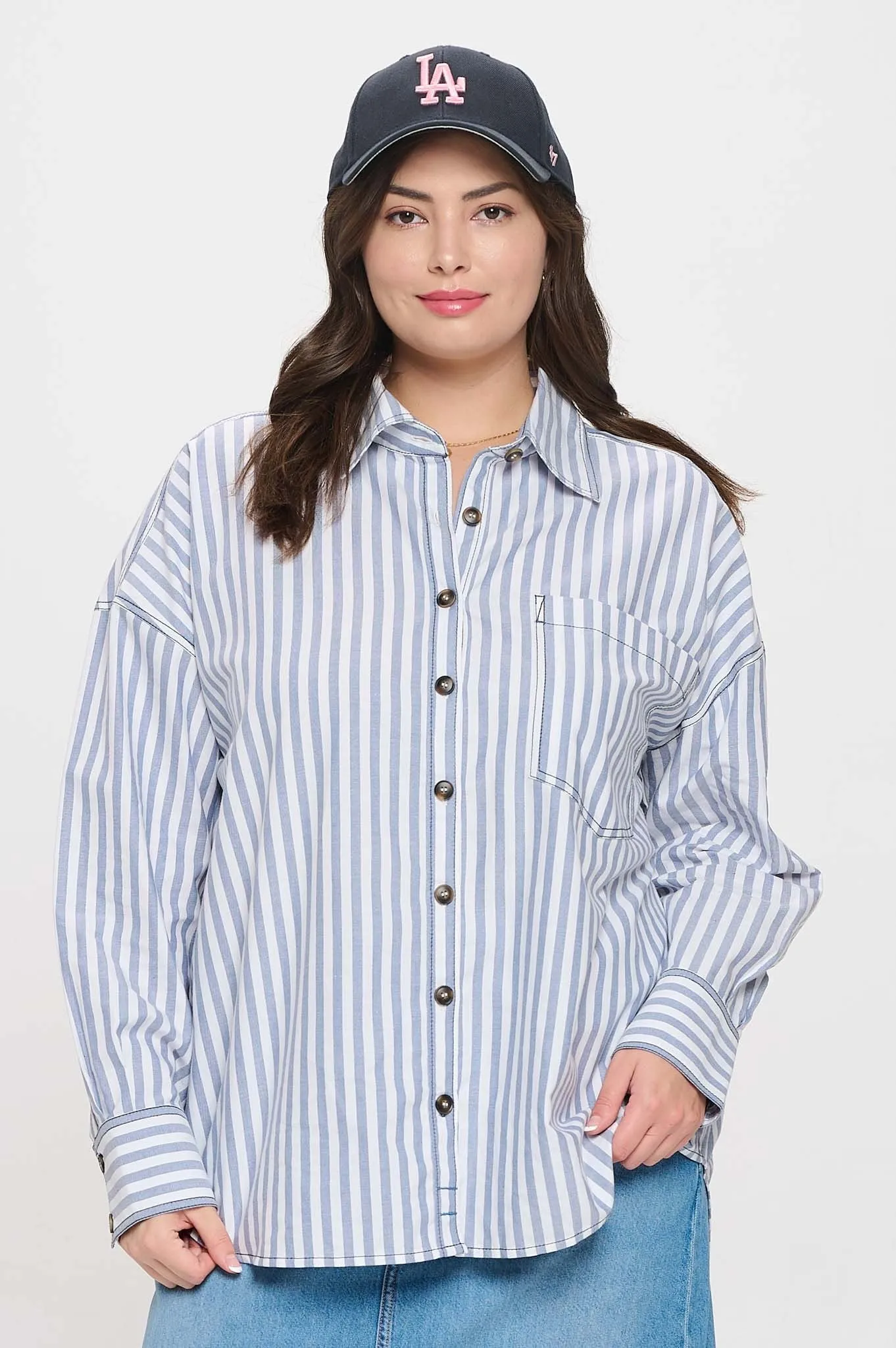 Tessa Striped Collared Shirt, Blue | Plus Size sold by North & Main Clothing Company