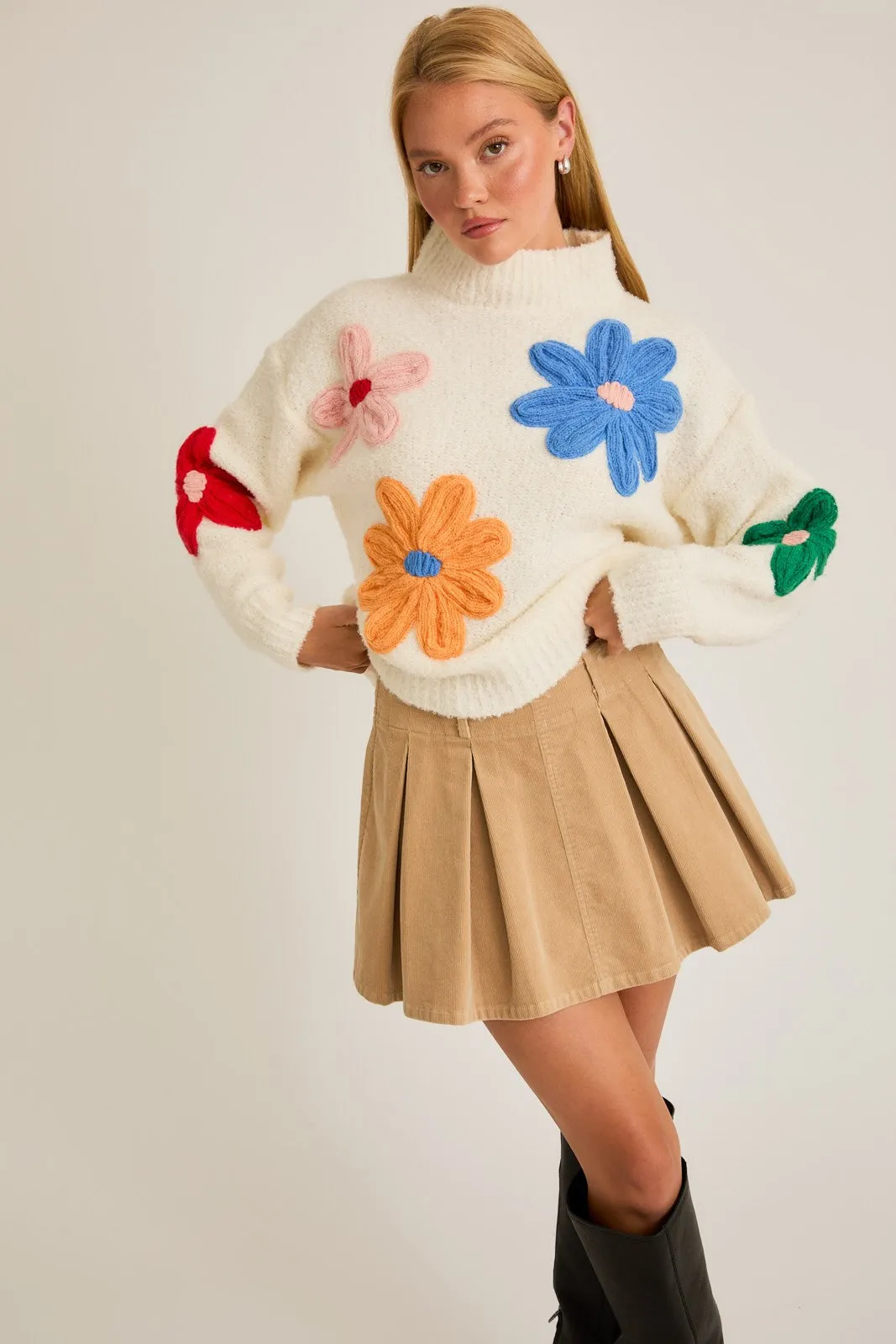 Lacey Floral Applique Sweater, White Multi sold by North & Main Clothing Company