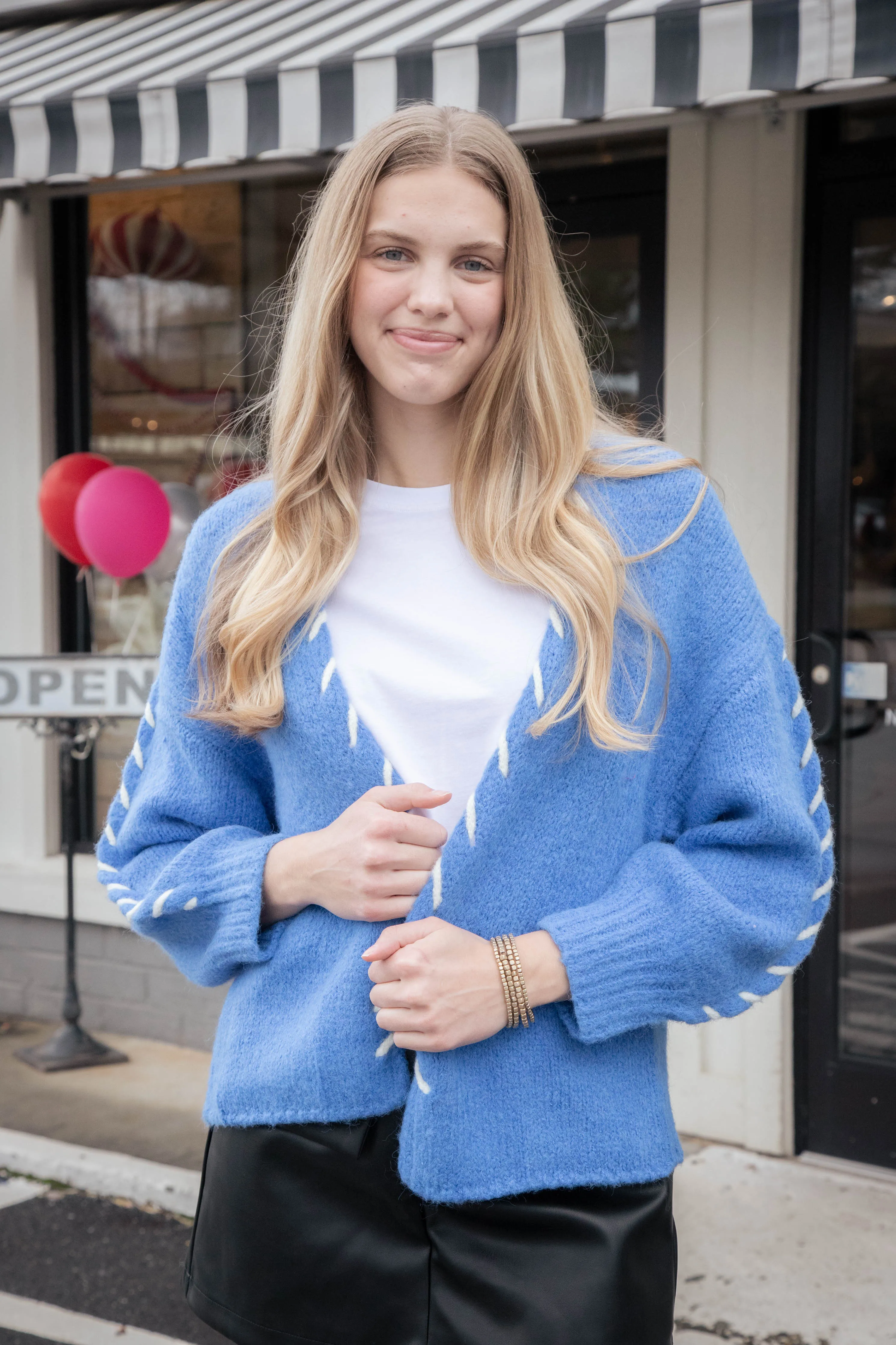 Tierney Stitch Detail Cardigan, Blue-White sold by North & Main Clothing Company product image thumbnail 2