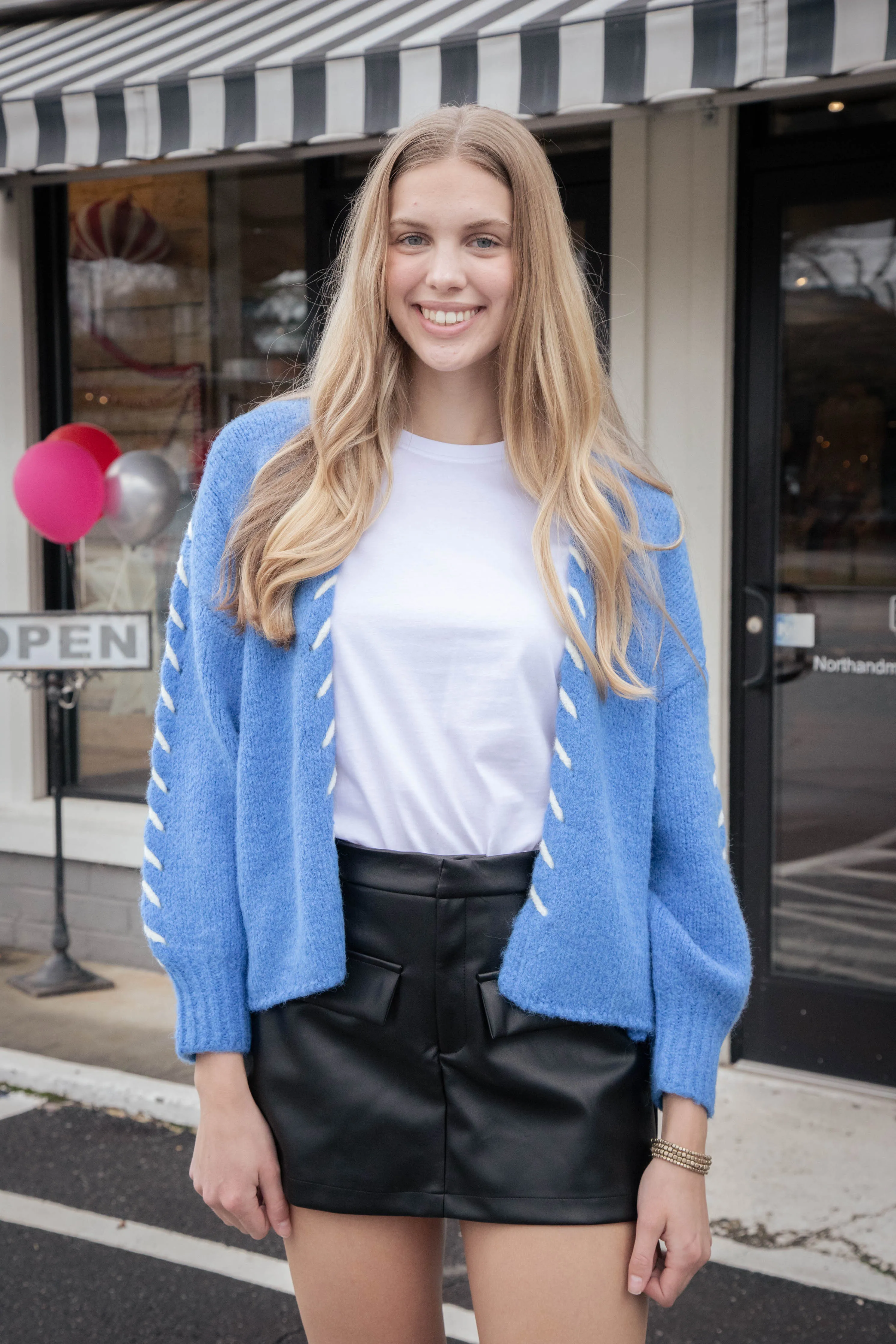 Tierney Stitch Detail Cardigan, Blue-White sold by North & Main Clothing Company