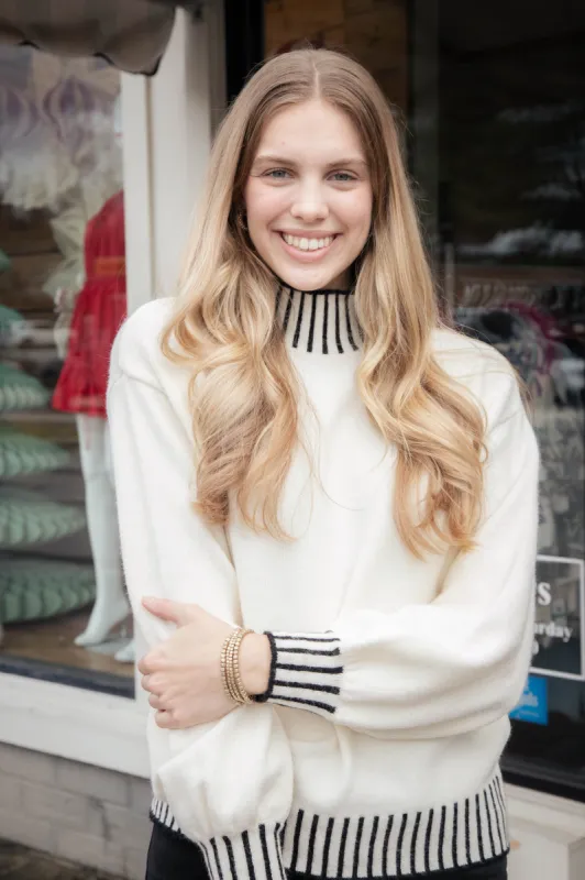 Bryana Stitch Detail Sweater, White-Black sold by North & Main Clothing Company