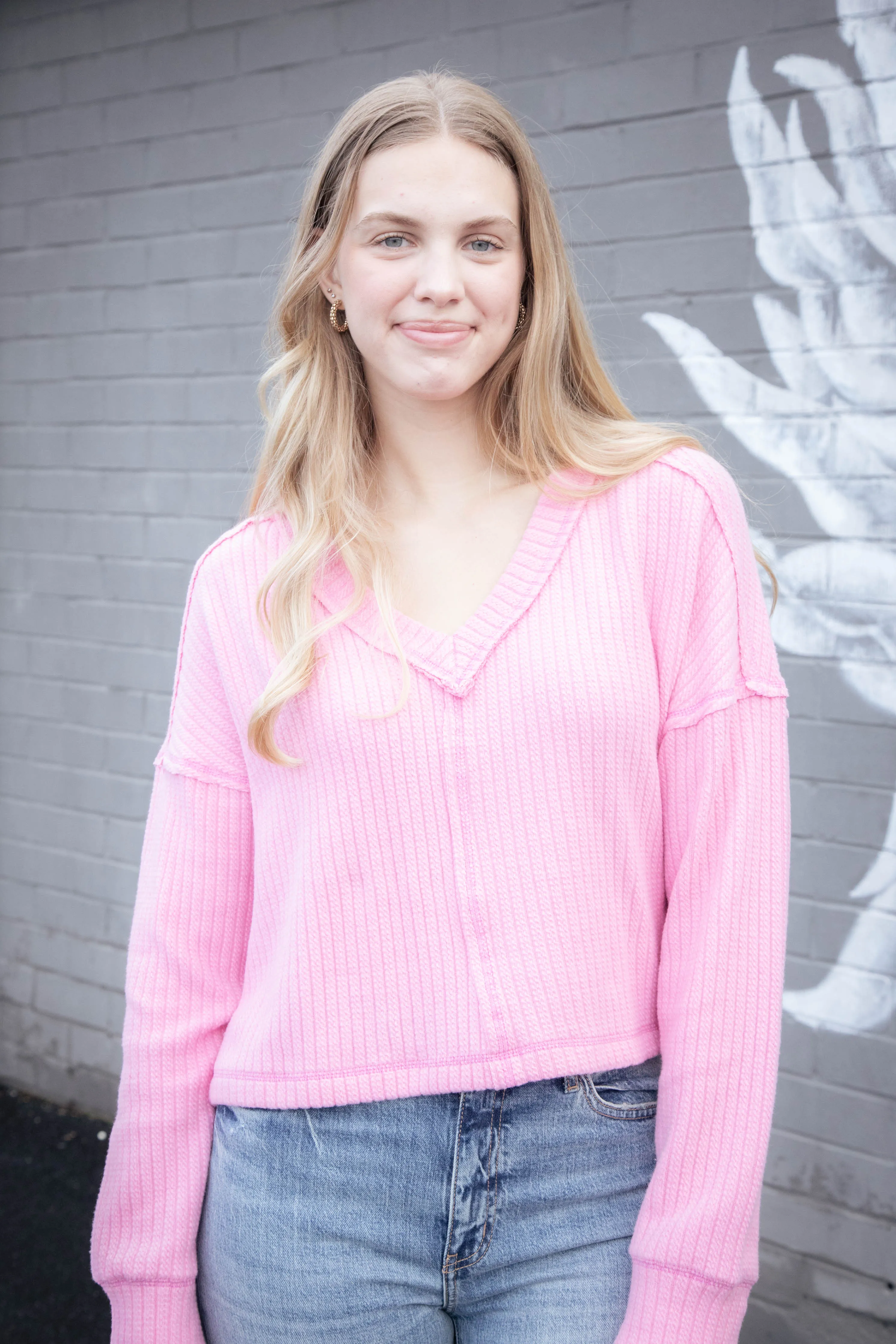 Mel Drop Shoulder Ribbed Top, Pink sold by North & Main Clothing Company
