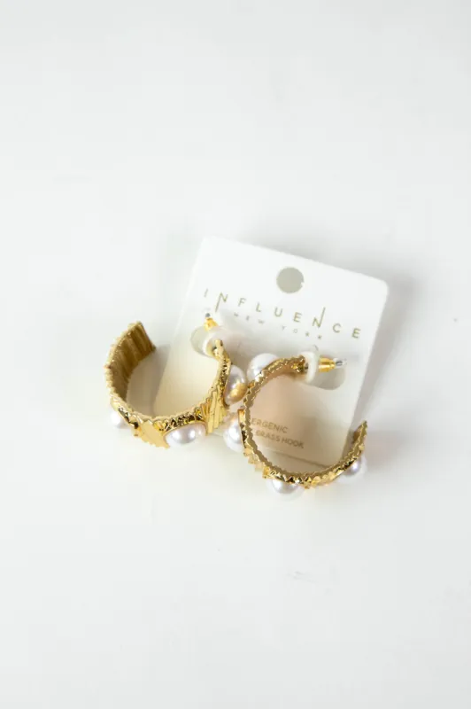 Pearl Station Textured Wide Hoops, Vintage Gold/Cream sold by North & Main Clothing Company