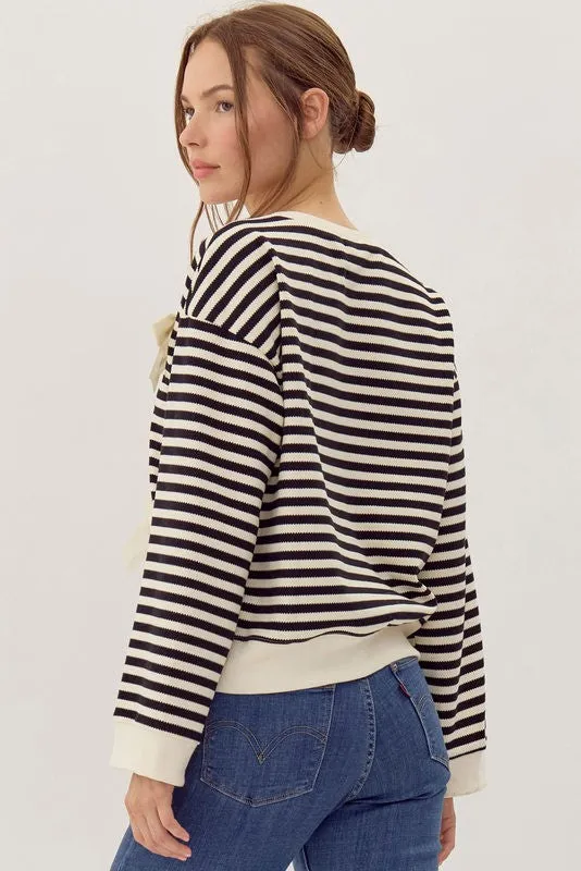 Roxanna Striped Ribbon Detail Top, Black sold by North & Main Clothing Company product image thumbnail 5