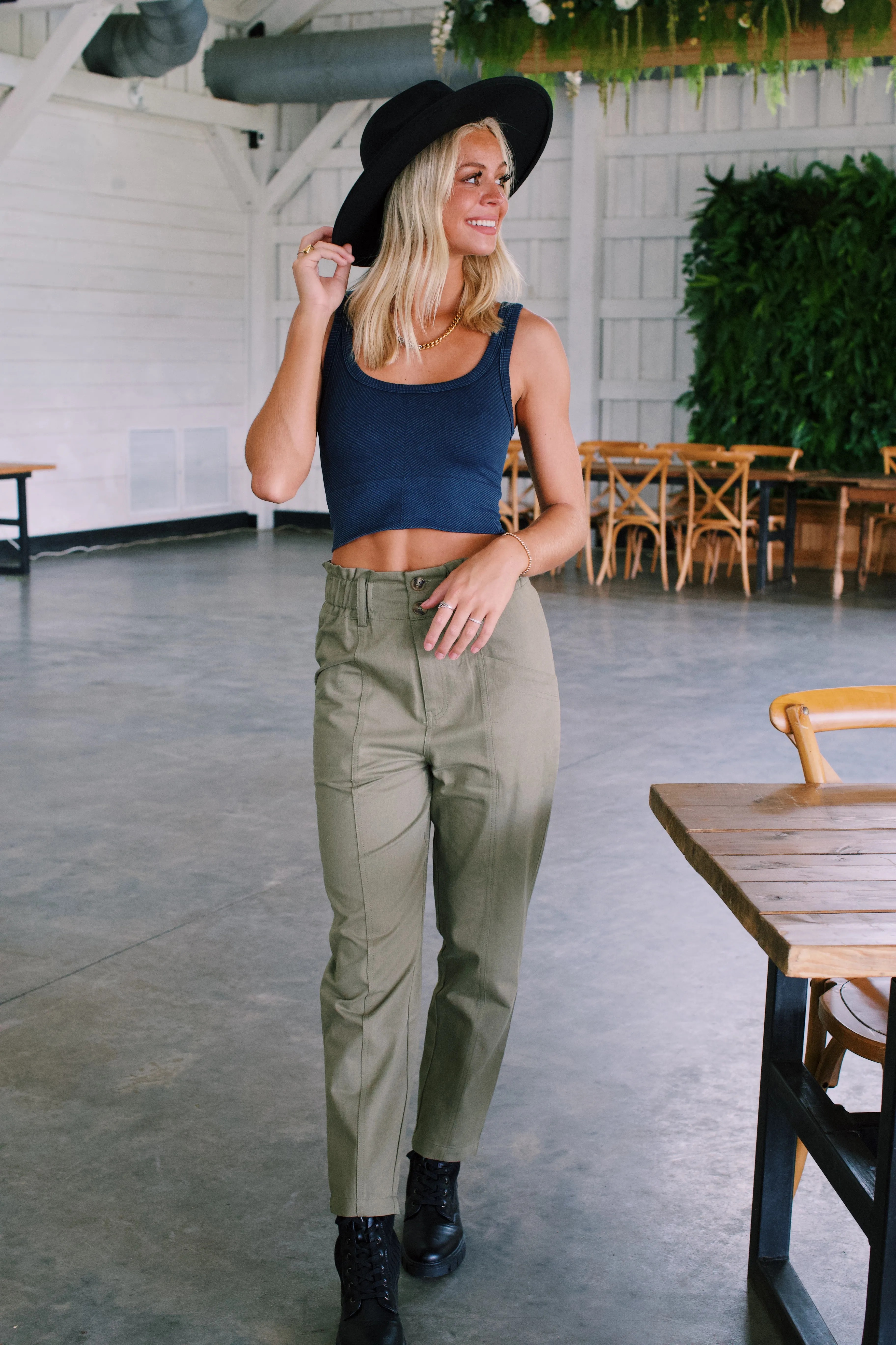 Penny Paperbag Pants, Olive sold by North & Main Clothing Company
