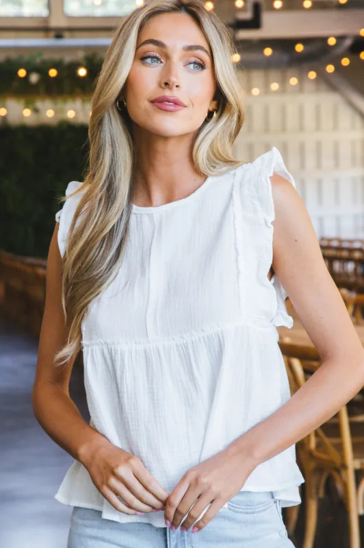 Brynn Ruffle Sleeve Gauze Top, White sold by North & Main Clothing Company