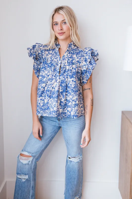 Josie Floral Pleated Top, Blue Floral sold by North & Main Clothing Company