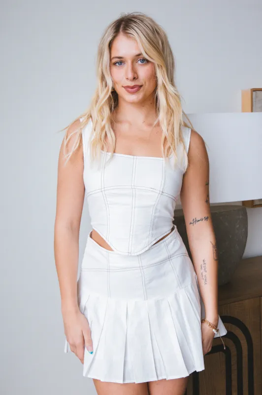 Kimberly Contrast Stitch Corset Top, White/Brown sold by North & Main Clothing Company