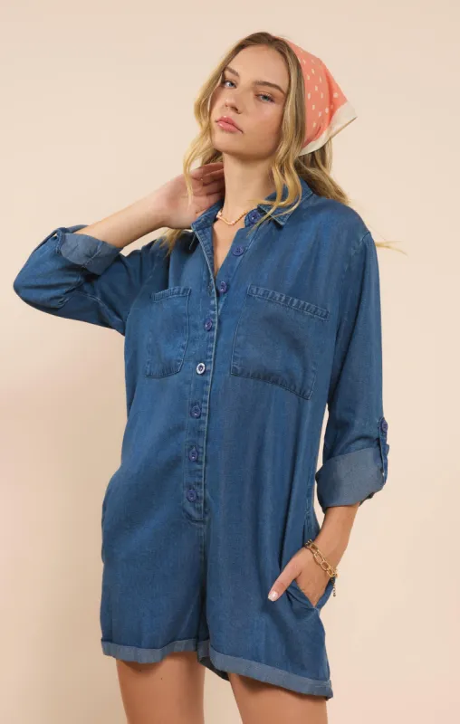 It's Pouring Buttoned Romper, Dark Chambray | Sadie & Sage made by Sadie & Sage