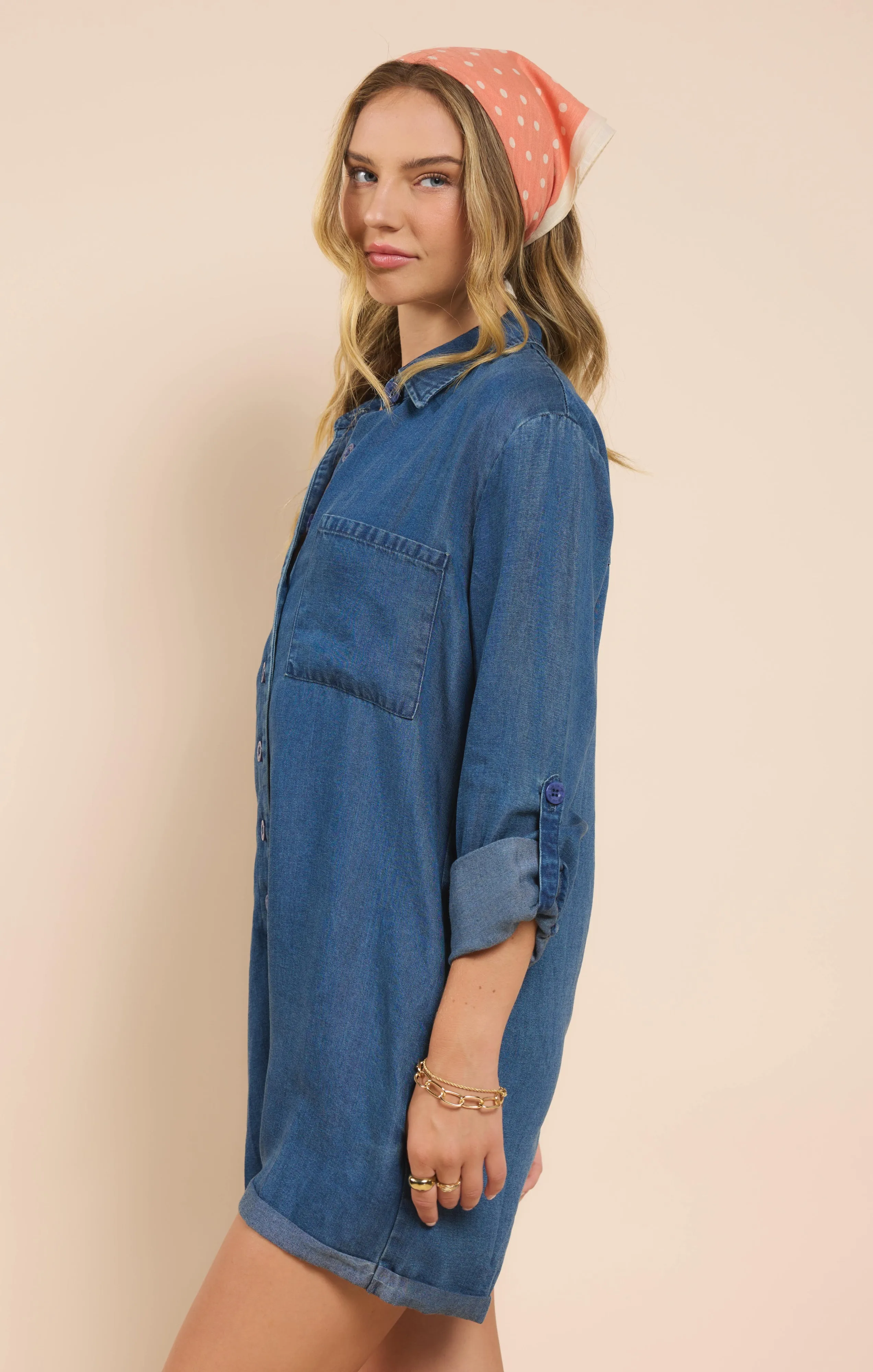 It's Pouring Buttoned Romper, Dark Chambray | Sadie & Sage sold by North & Main Clothing Company product image thumbnail 3