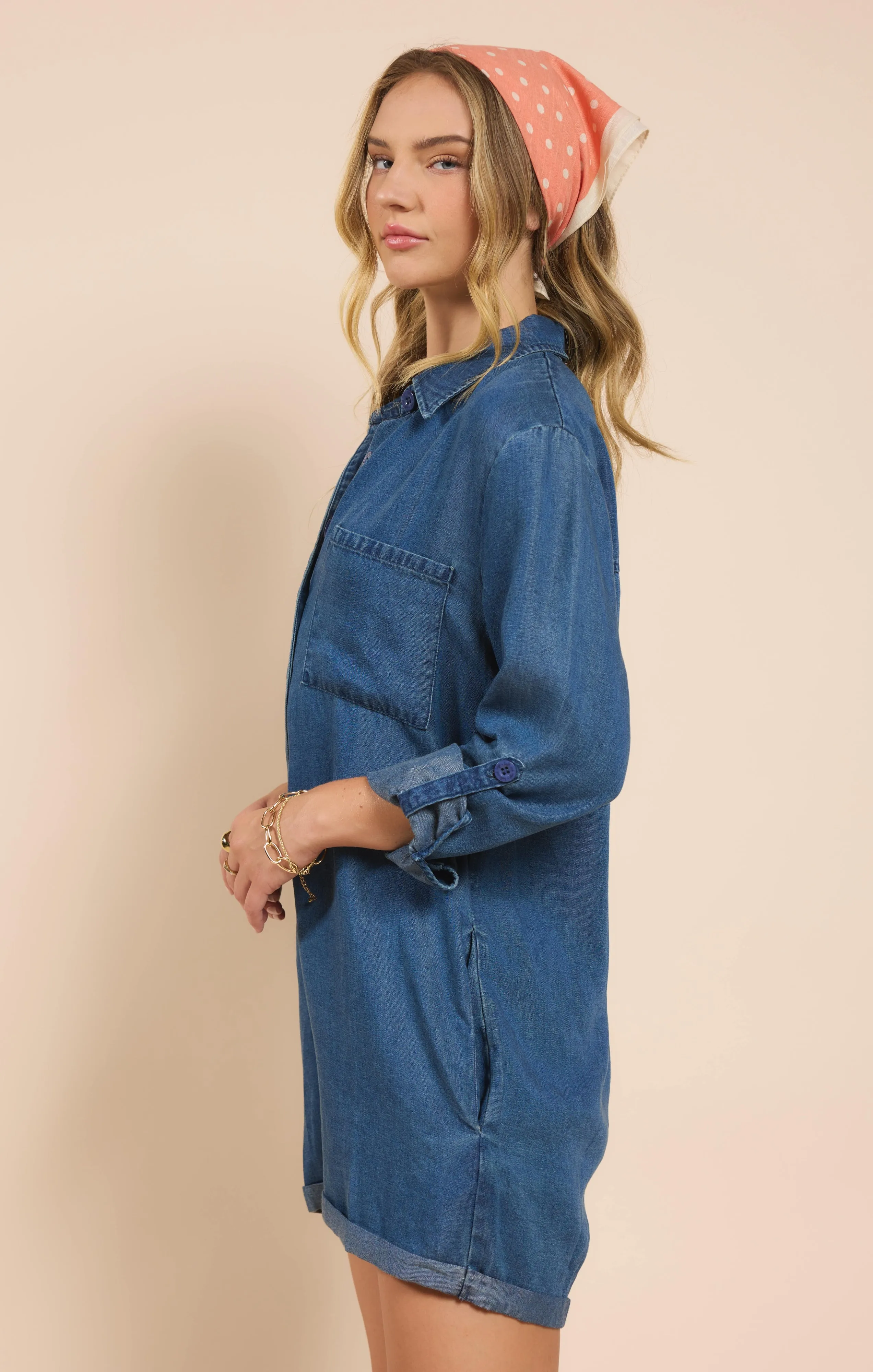 It's Pouring Buttoned Romper, Dark Chambray | Sadie & Sage sold by North & Main Clothing Company product image thumbnail 5