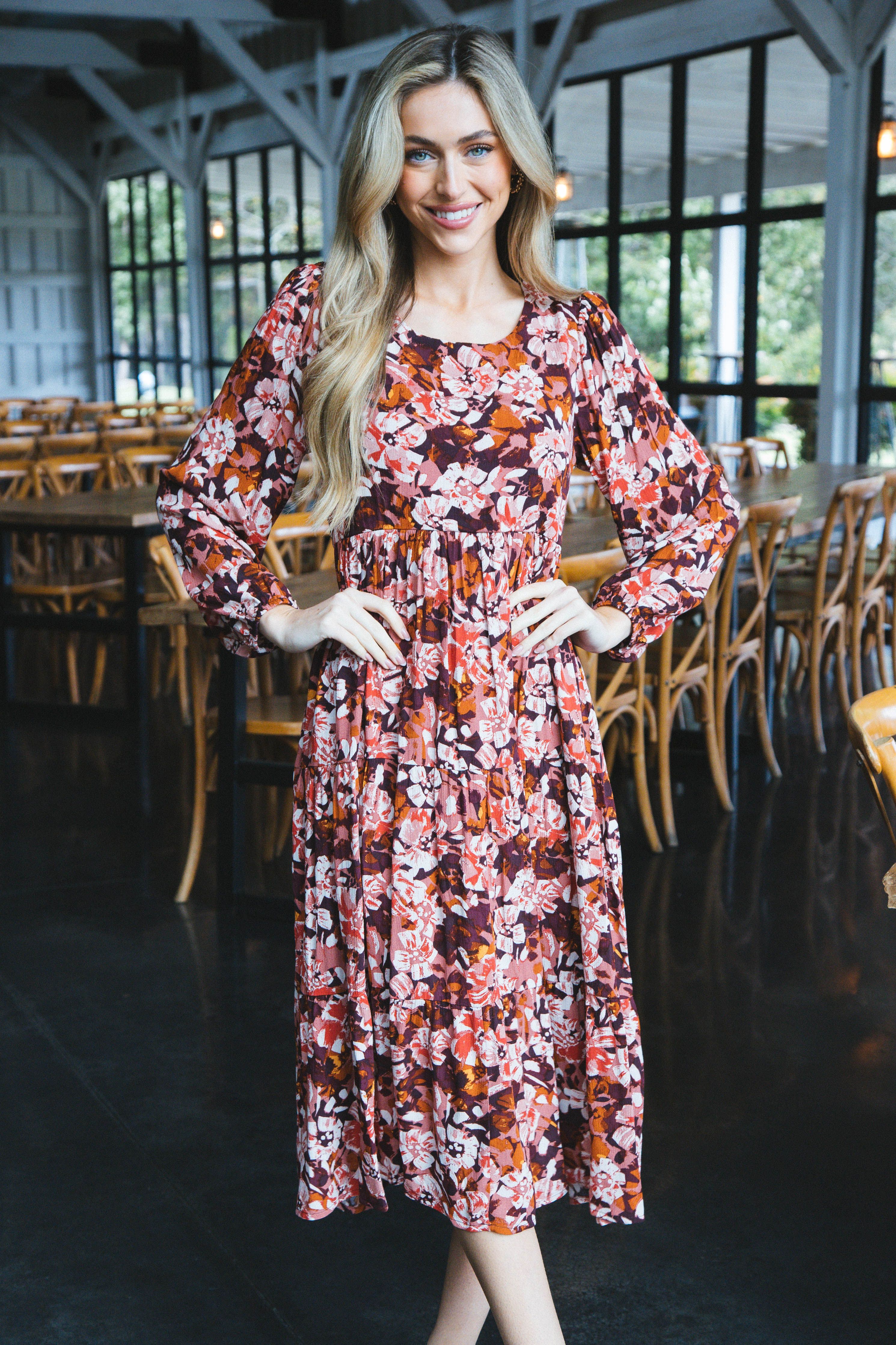 Jolie Long Sleeve Floral Tiered Midi Dress, Burgundy sold by North & Main Clothing Company product image thumbnail 3