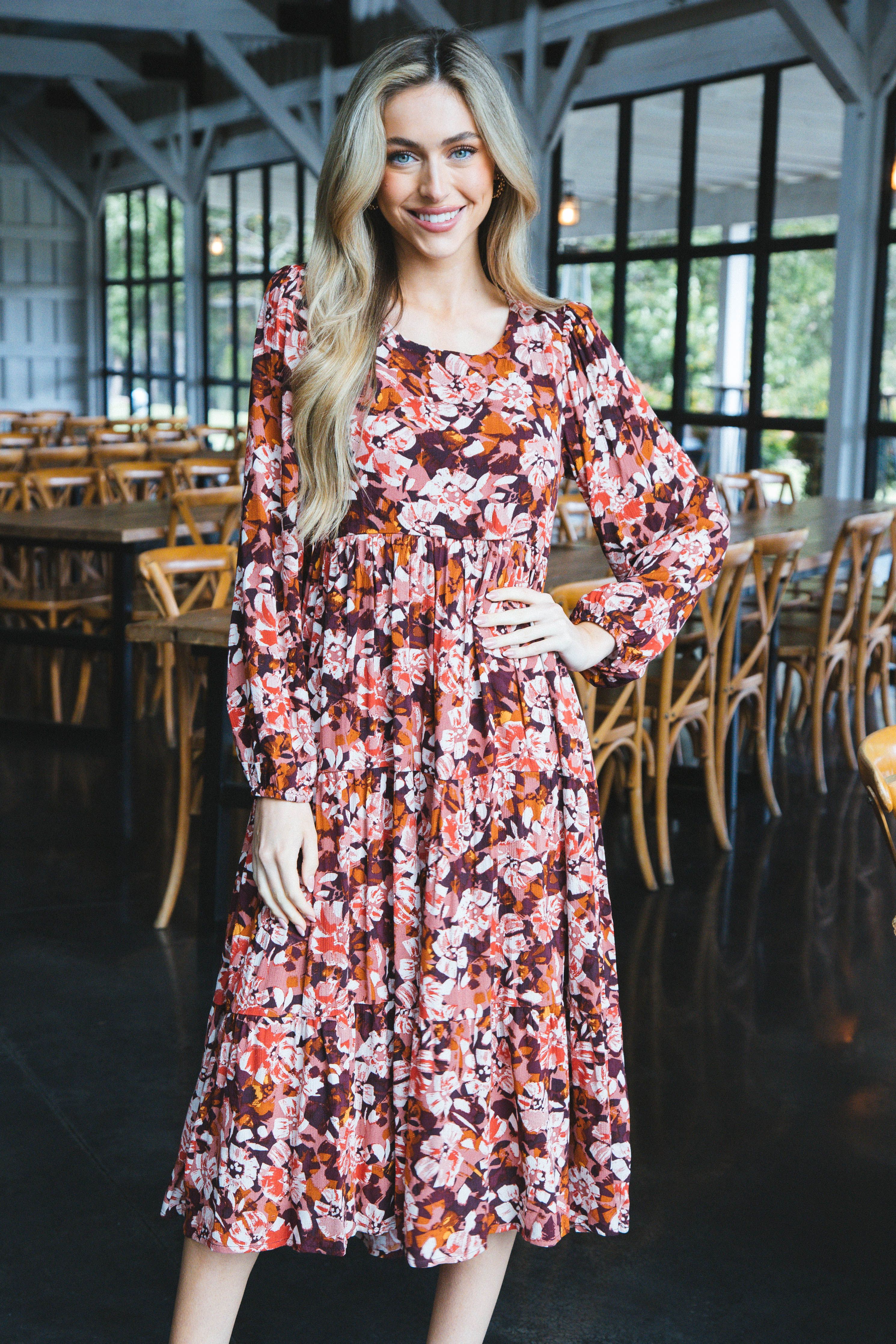 Jolie Long Sleeve Floral Tiered Midi Dress, Burgundy sold by North & Main Clothing Company product image thumbnail 5