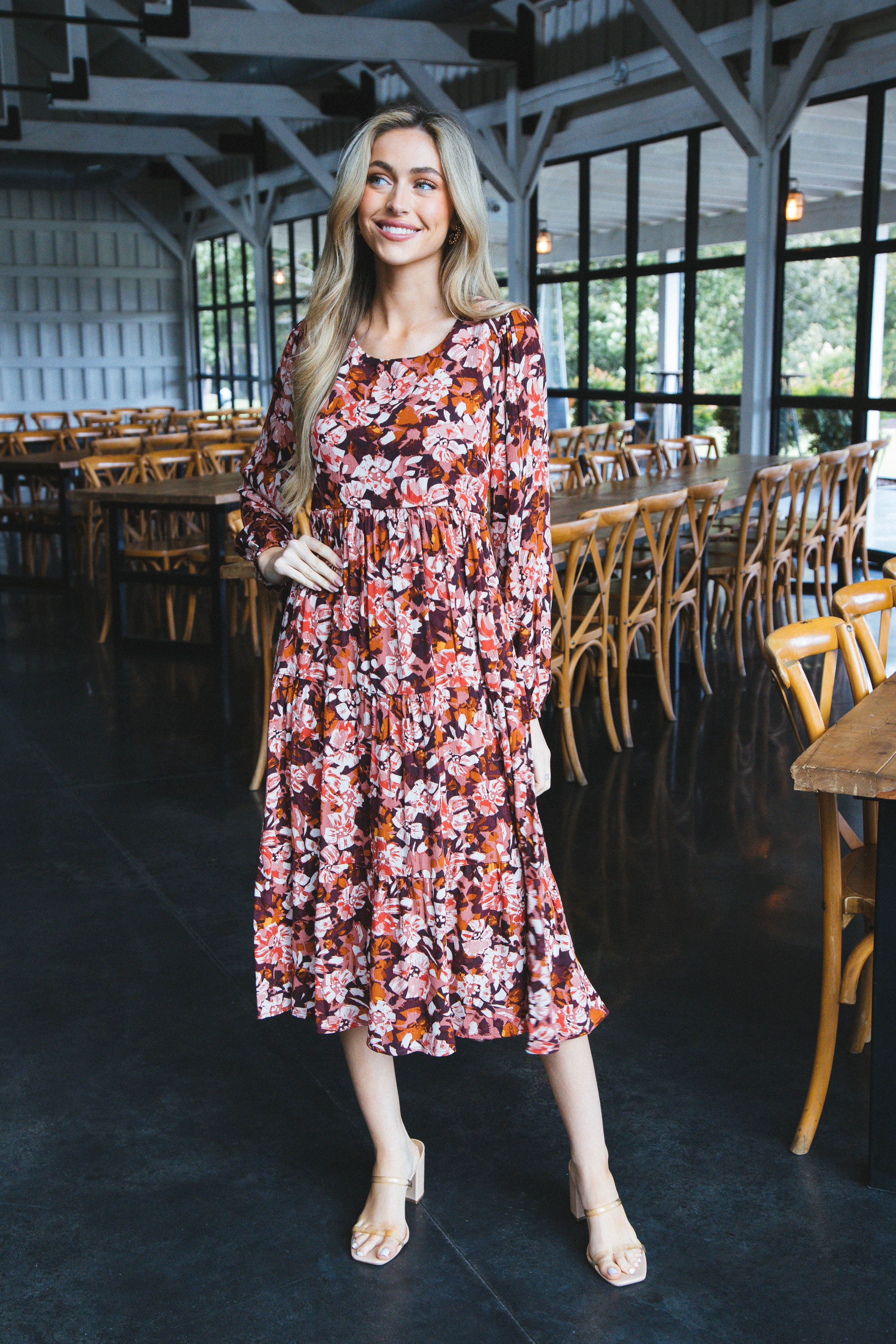 Jolie Long Sleeve Floral Tiered Midi Dress, Burgundy sold by North & Main Clothing Company product image thumbnail 2