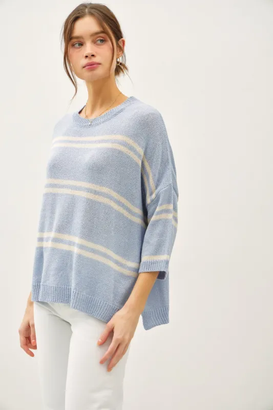 Danica Striped Drop Shoulder Sweater Top, Slate Blue made by BE COOL