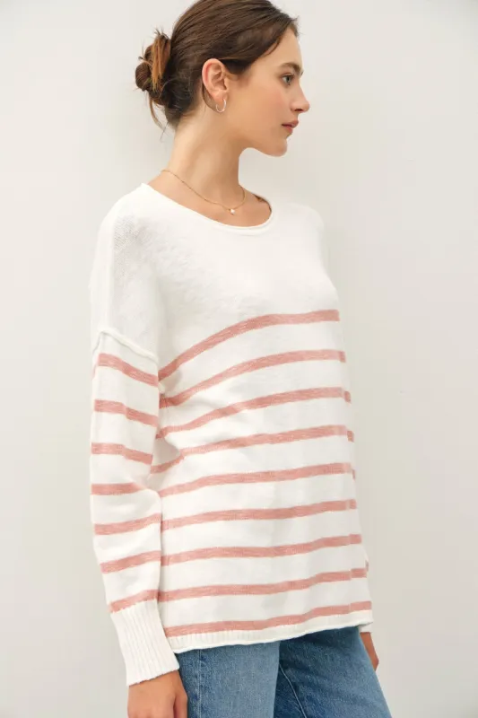 Kinsey Striped Exposed Seam Sweater, Spring Coral sold by North & Main Clothing Company