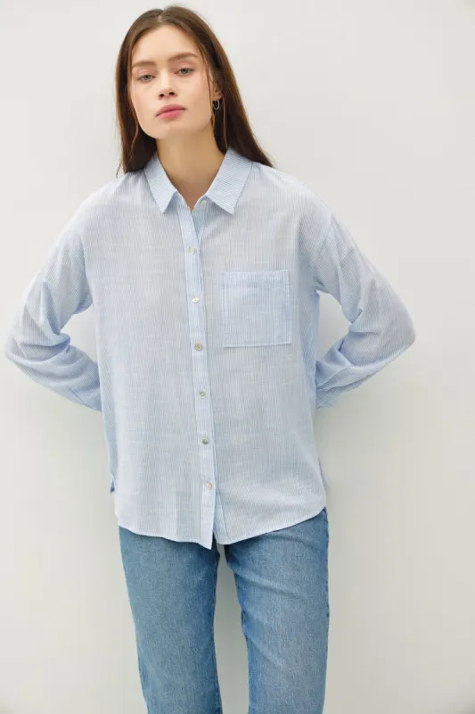 Sierra Pinstripe Button Down Shirt, Chambray made by BE COOL