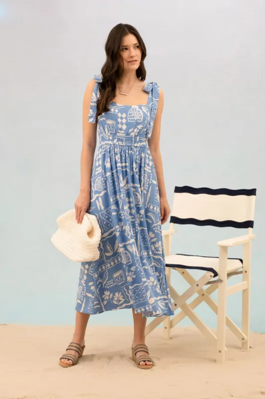 Marianna Tie Strap Printed Midi Dress, Blue sold by North & Main Clothing Company