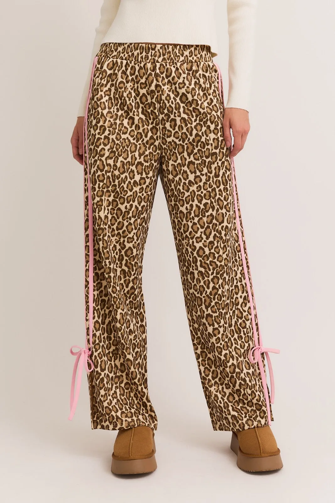 Sabina Bow Detail Track Pants, Taupe Animal sold by North & Main Clothing Company