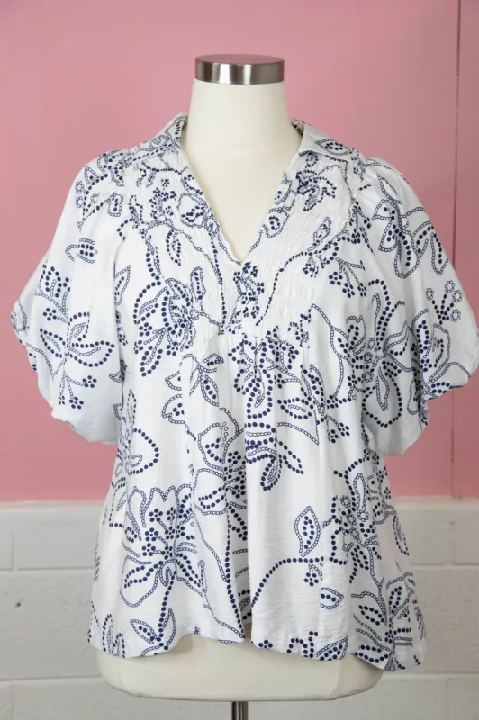 Blaer Printed Smocked Detail Top, Off White | Plus Size sold by North & Main Clothing Company