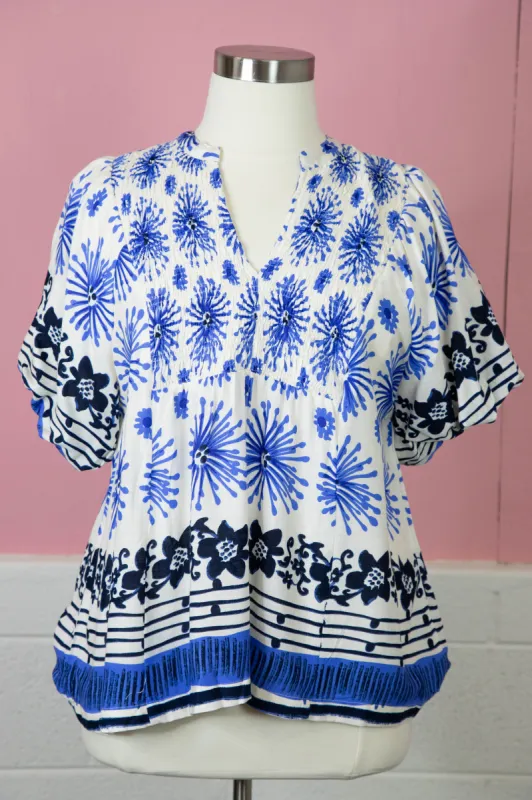 Deja Mixed Border Printed Top, Blue | Plus Size sold by North & Main Clothing Company