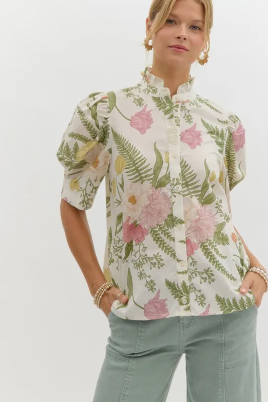 Odelia Puff Sleeve Ruffle Collar Blouse, Cream sold by North & Main Clothing Company