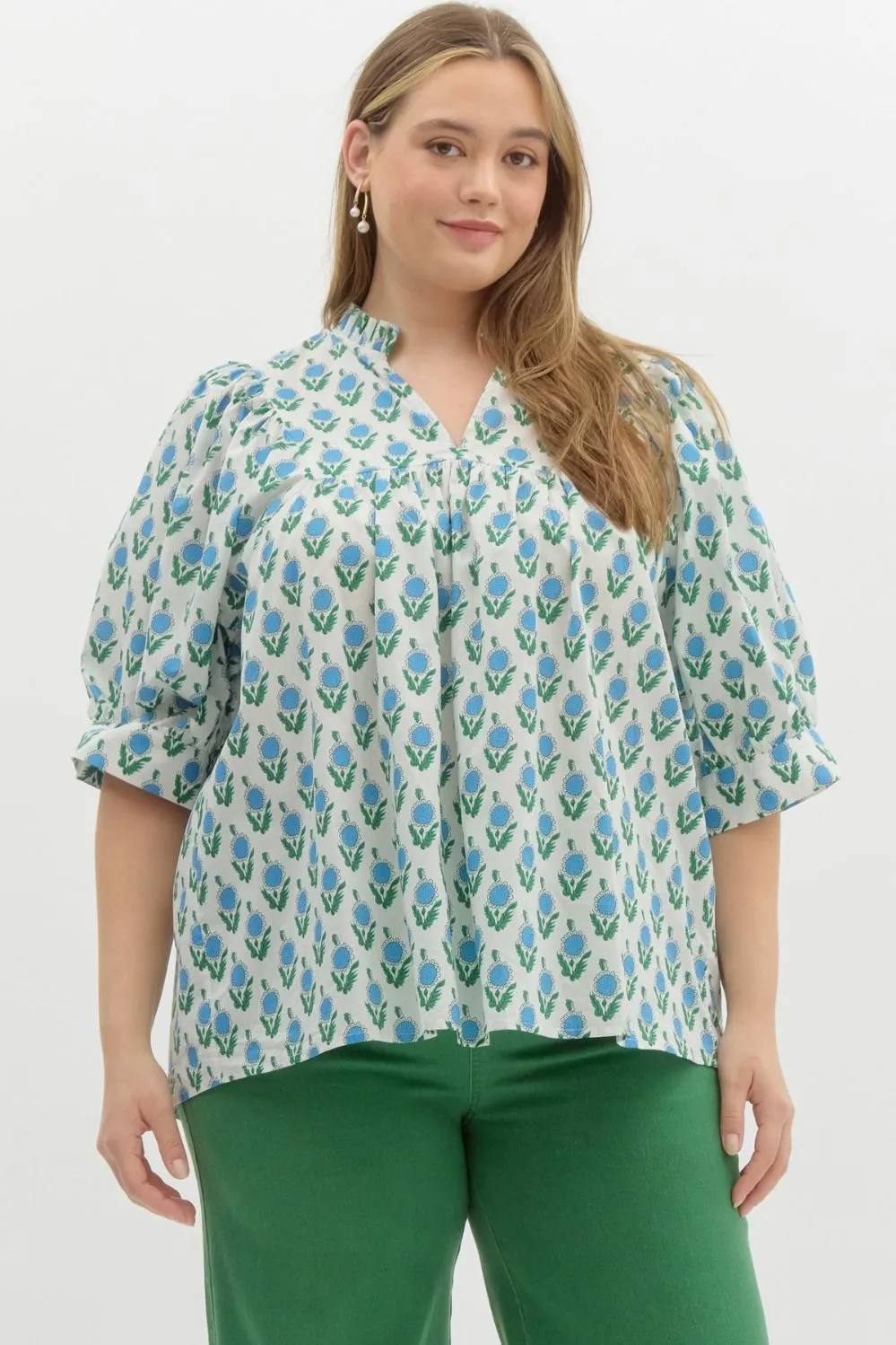 Nita Floral Half Puff Sleeve Top, Off White | Extended Sizes sold by North & Main Clothing Company