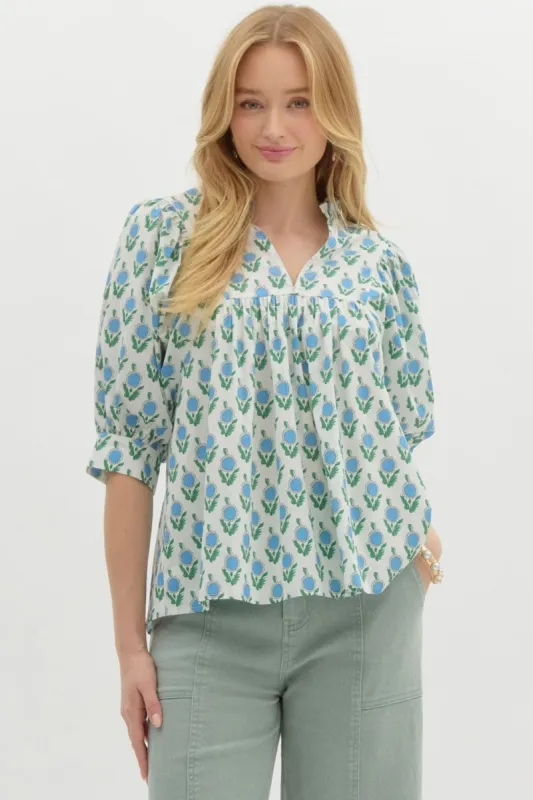 Nita Floral Half Puff Sleeve Top, Off White sold by North & Main Clothing Company