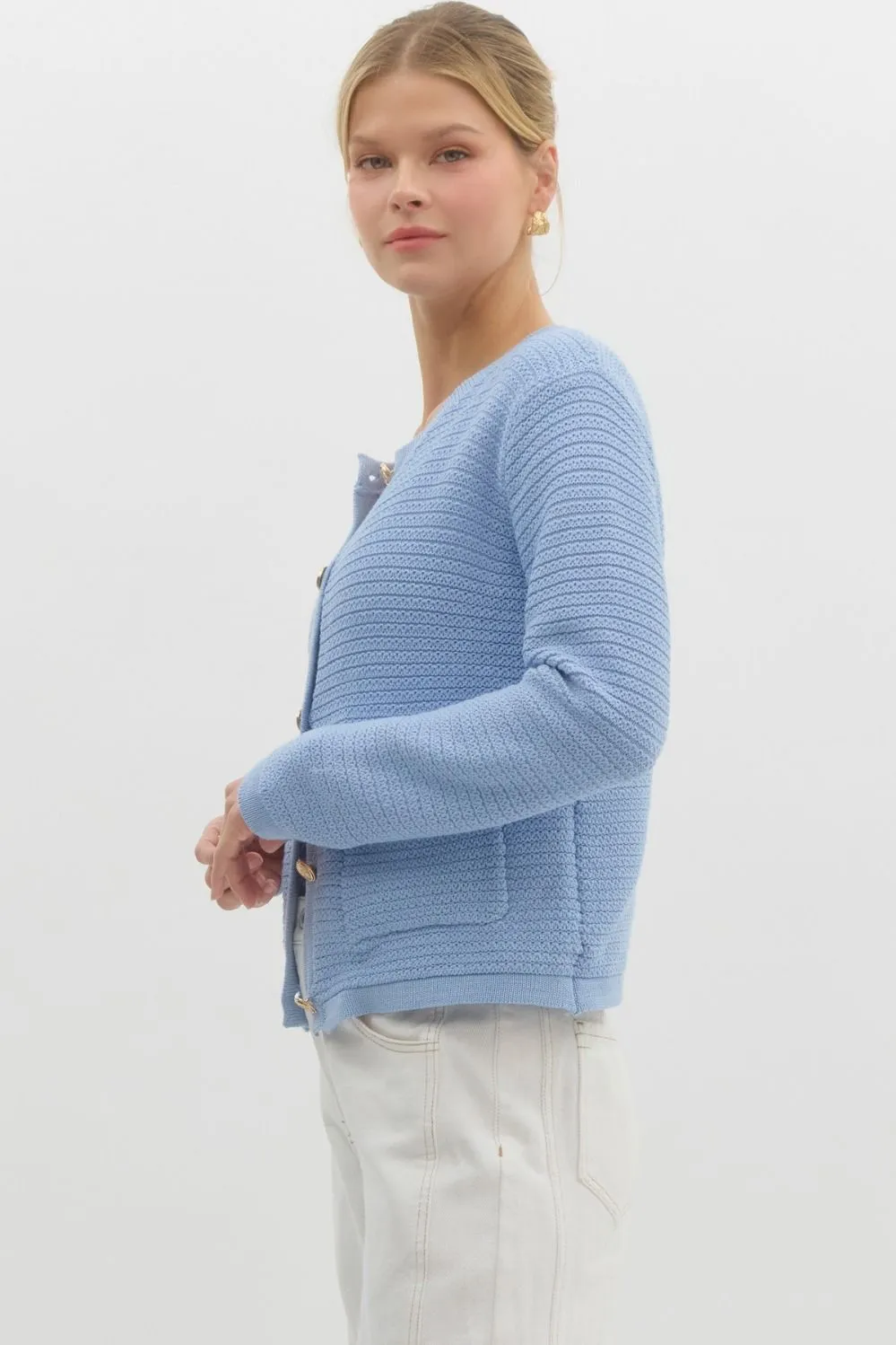 Uma Gold Button Down Cardigan, Light Blue sold by North & Main Clothing Company product image thumbnail 5