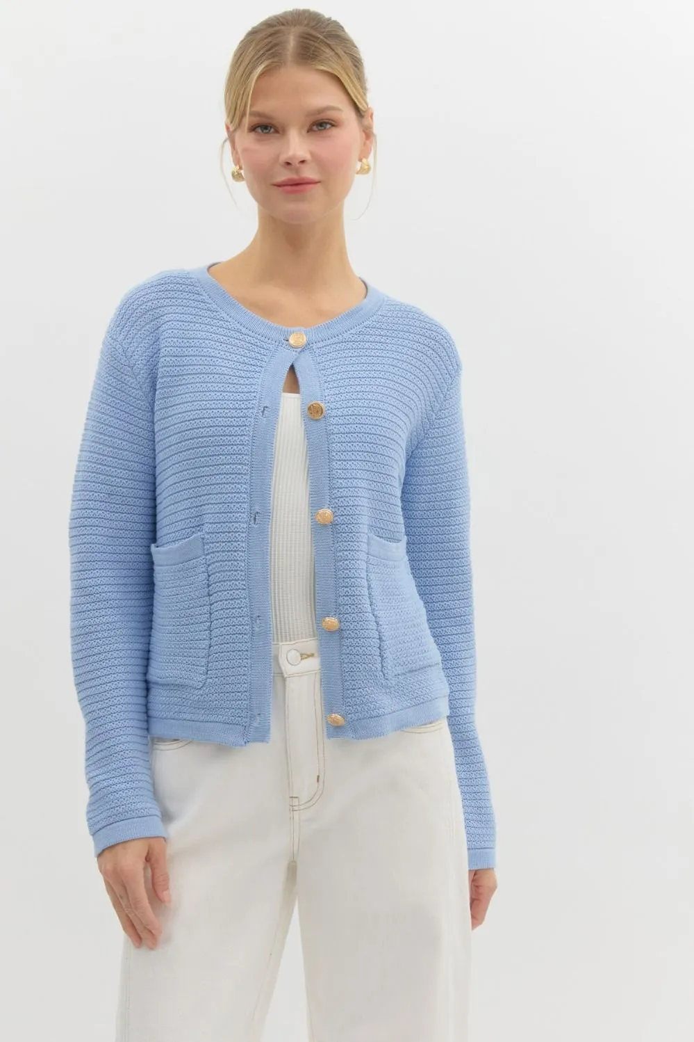 Uma Gold Button Down Cardigan, Light Blue sold by North & Main Clothing Company