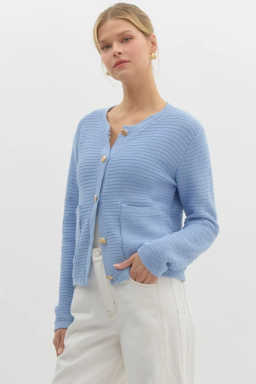Uma Gold Button Down Cardigan, Light Blue sold by North & Main Clothing Company product image thumbnail 2