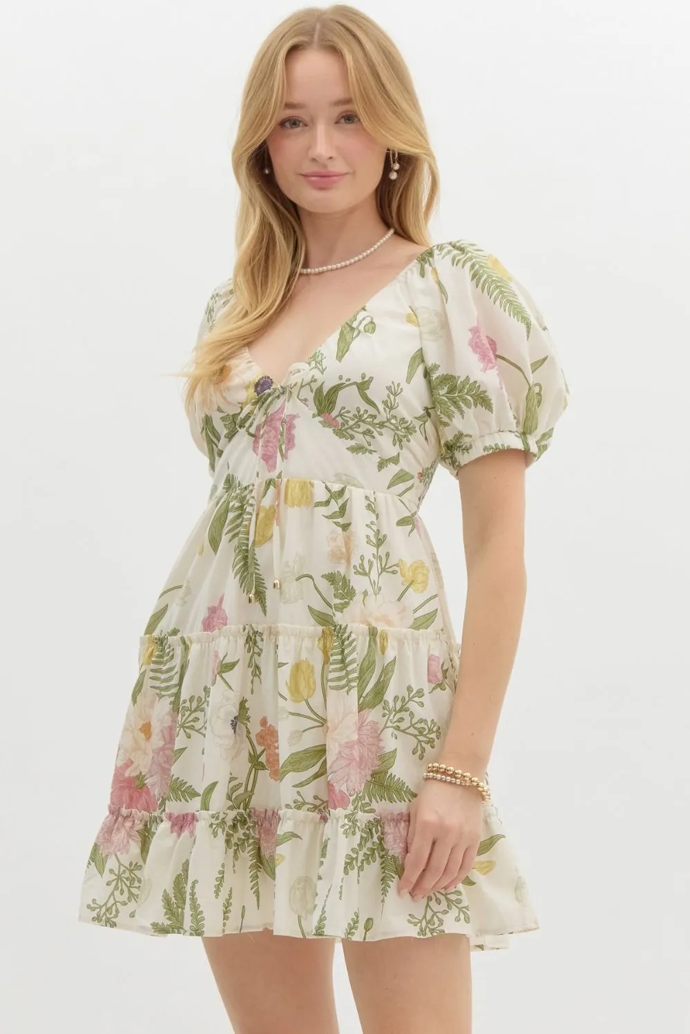 Kenna Floral Tiered Mini Dress, Cream sold by North & Main Clothing Company product image thumbnail 4