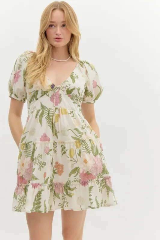 Kenna Floral Tiered Mini Dress, Cream sold by North & Main Clothing Company