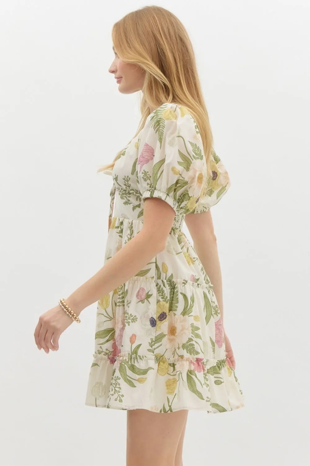 Kenna Floral Tiered Mini Dress, Cream sold by North & Main Clothing Company product image thumbnail 5