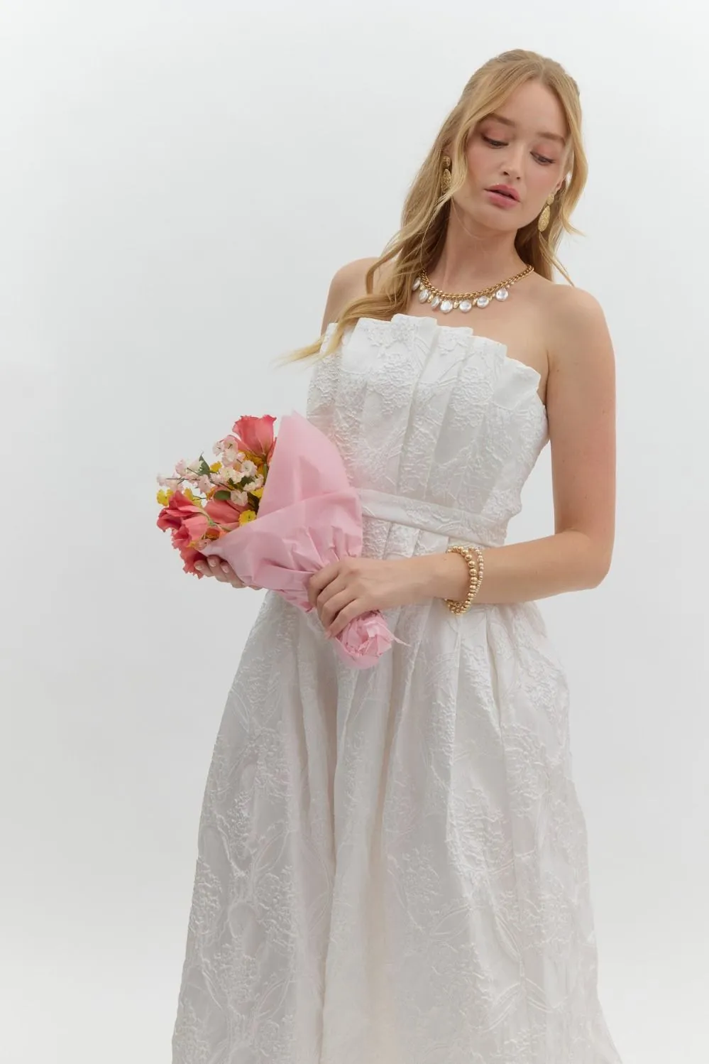 Carla Strapless Embroidered Midi Dress, Off White sold by North & Main Clothing Company product image thumbnail 2