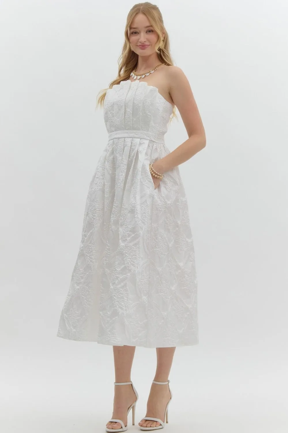 Carla Strapless Embroidered Midi Dress, Off White sold by North & Main Clothing Company product image thumbnail 3