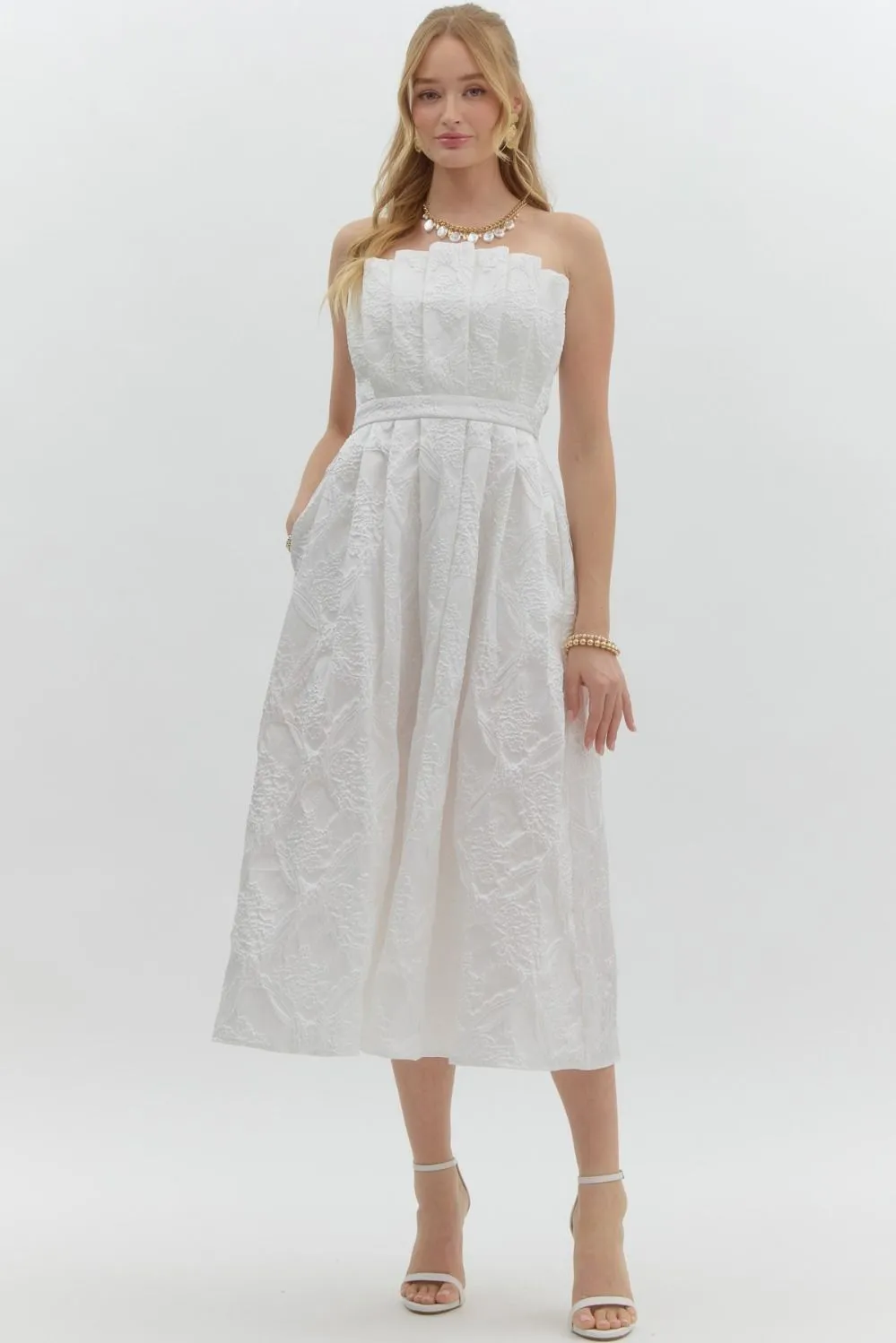 Carla Strapless Embroidered Midi Dress, Off White sold by North & Main Clothing Company