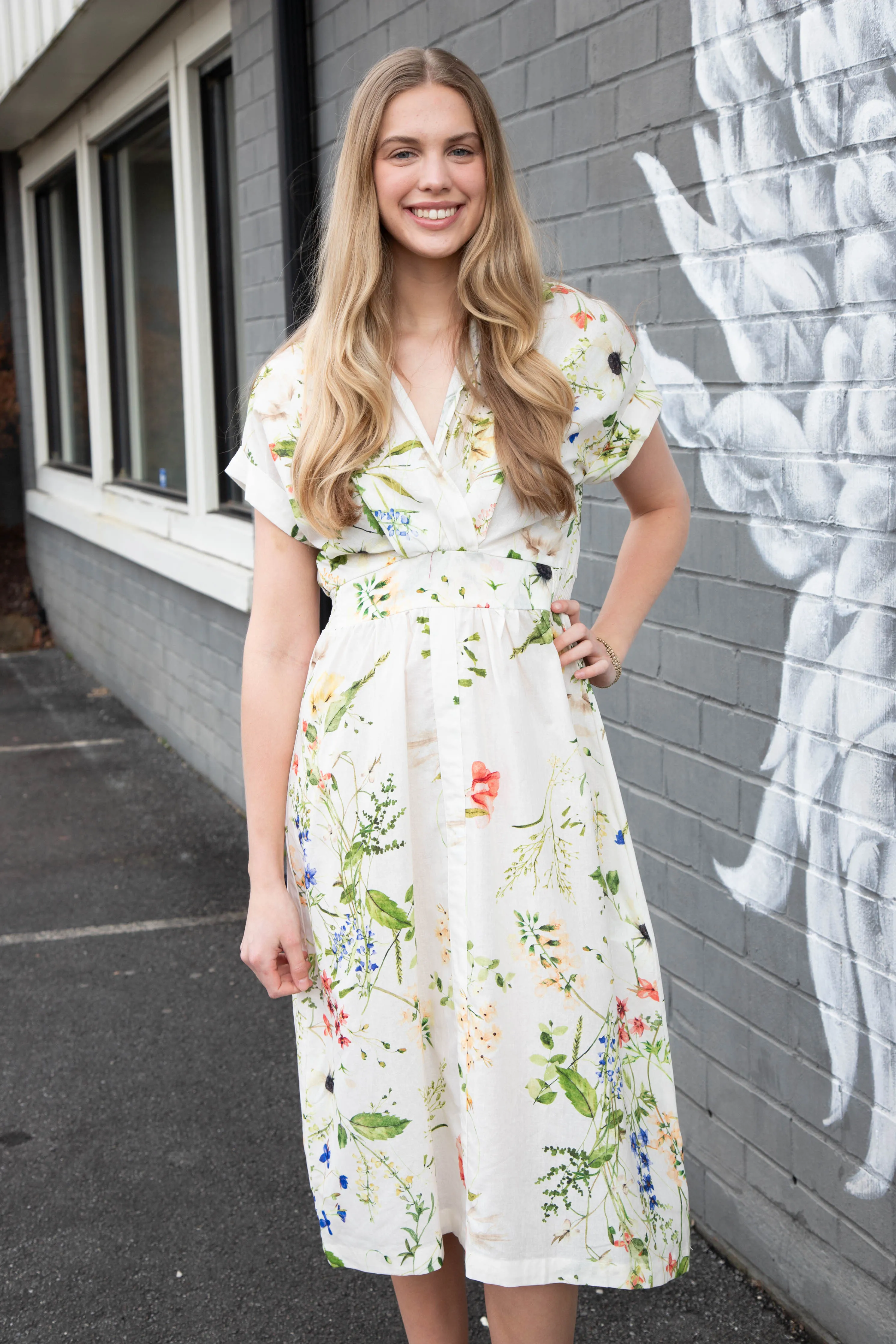 Adrienne Floral Print Midi Dress, Cream Mix sold by North & Main Clothing Company