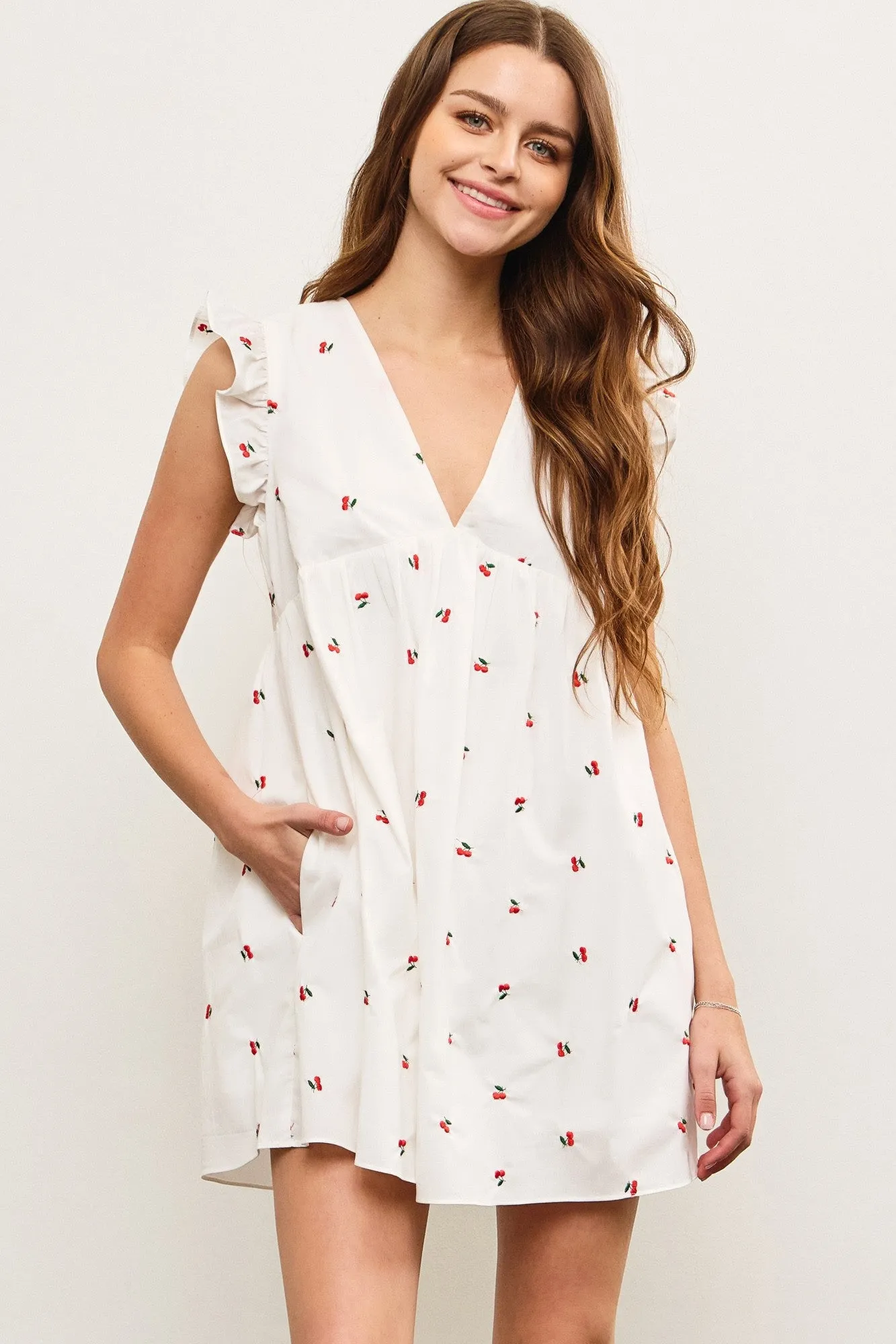 Isabella Embroidered Ruffle Sleeve Dress, Cherry sold by North & Main Clothing Company product image thumbnail 2