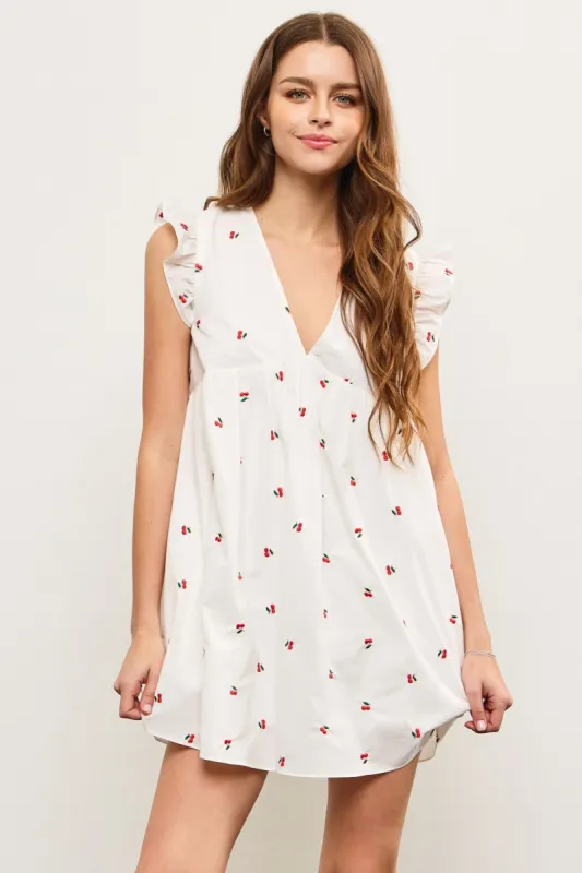 Isabella Embroidered Ruffle Sleeve Dress, Cherry sold by North & Main Clothing Company