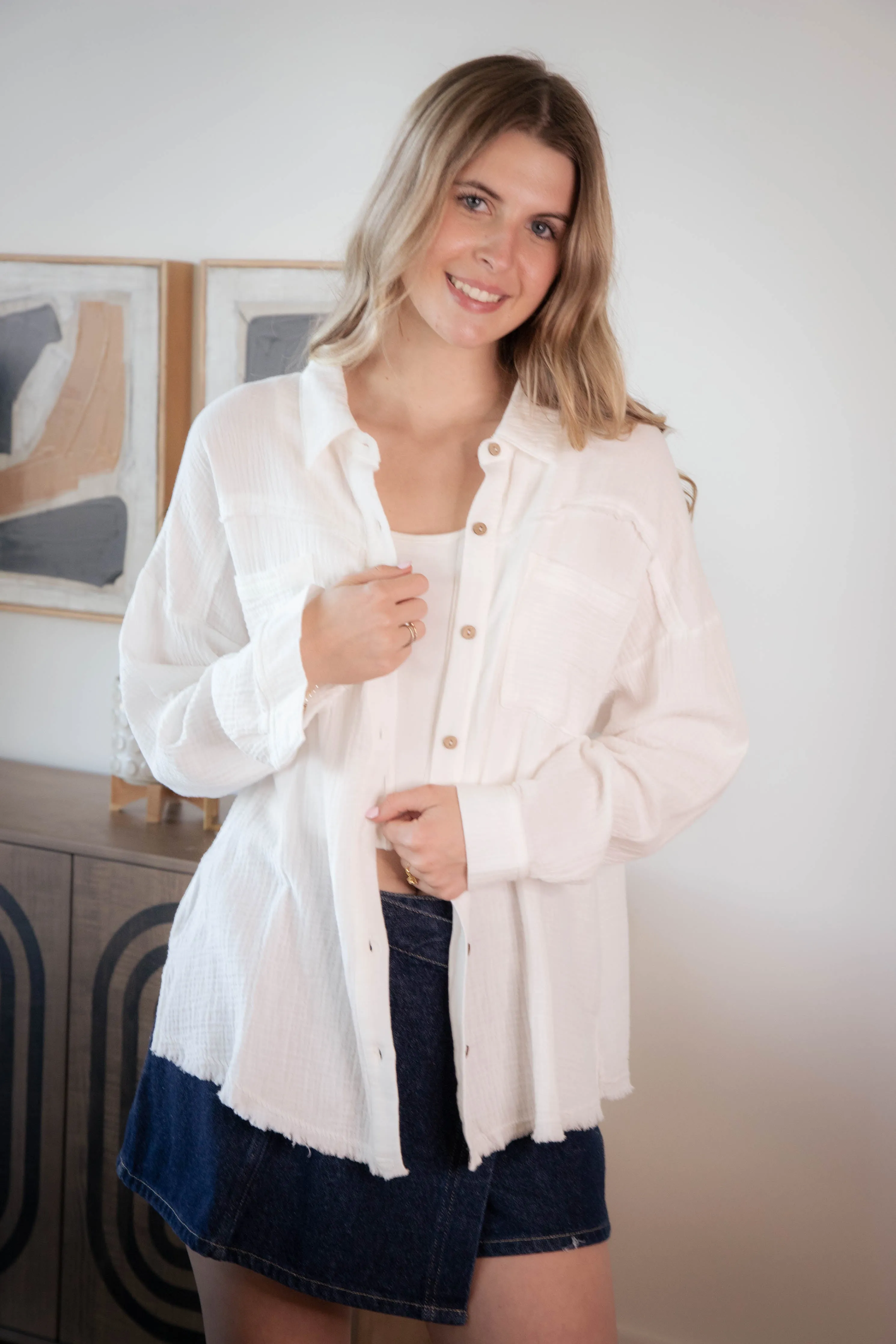 Luna Mineral Washed Gauze Shirt, White sold by North & Main Clothing Company