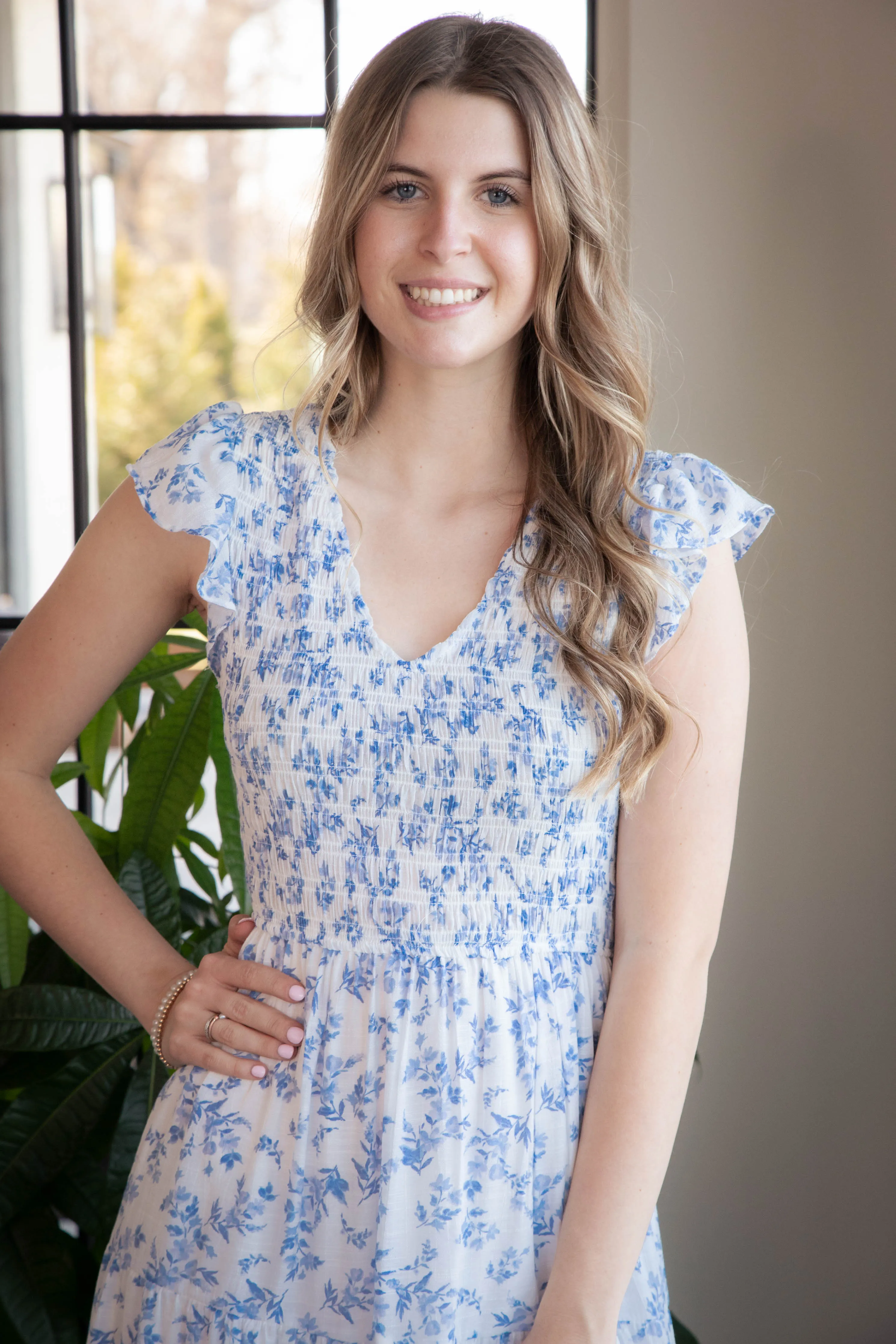 Astrid Floral V-Neck Smocked Dress, Blue Multi sold by North & Main Clothing Company product image thumbnail 2