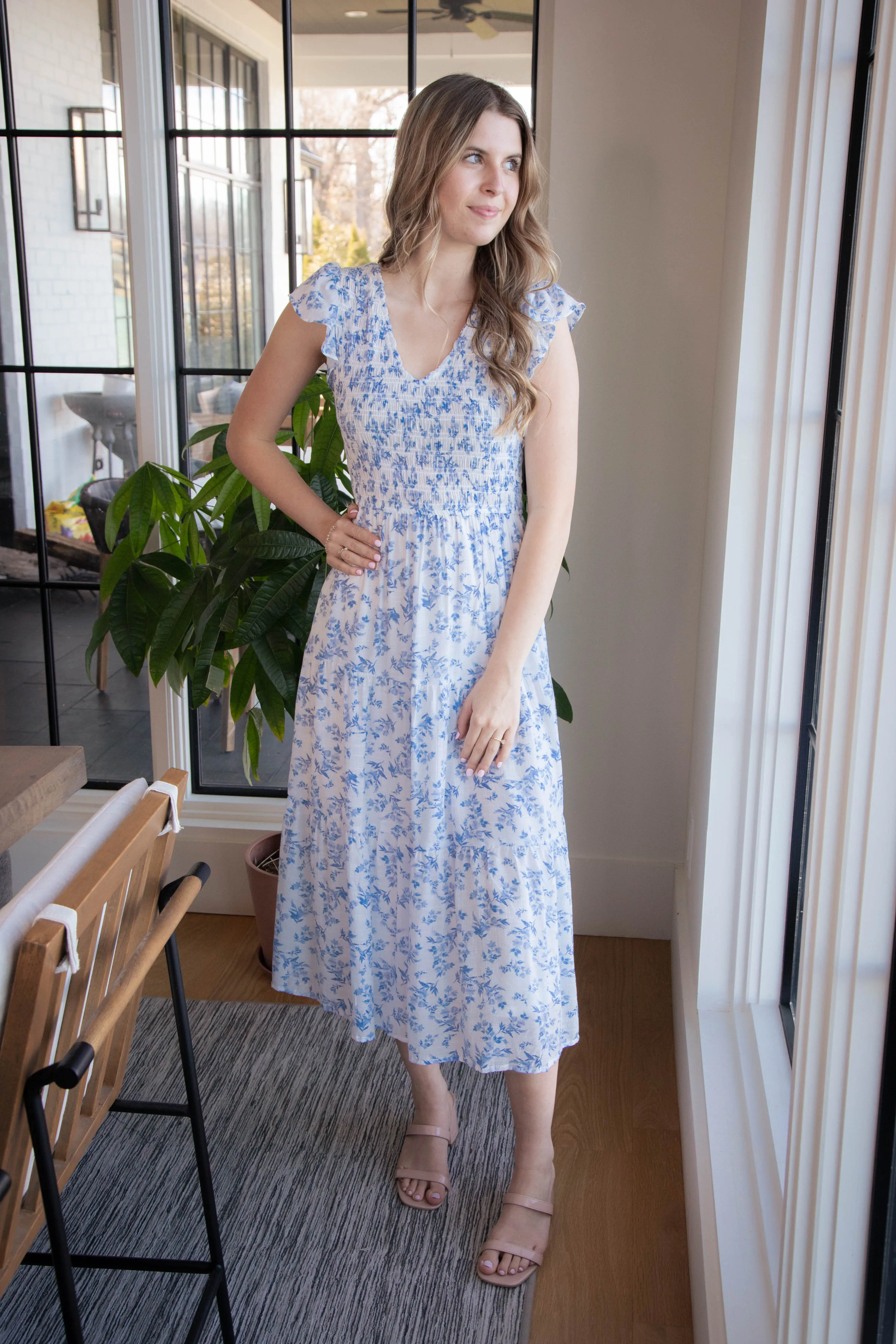 Astrid Floral V-Neck Smocked Dress, Blue Multi sold by North & Main Clothing Company product image thumbnail 5