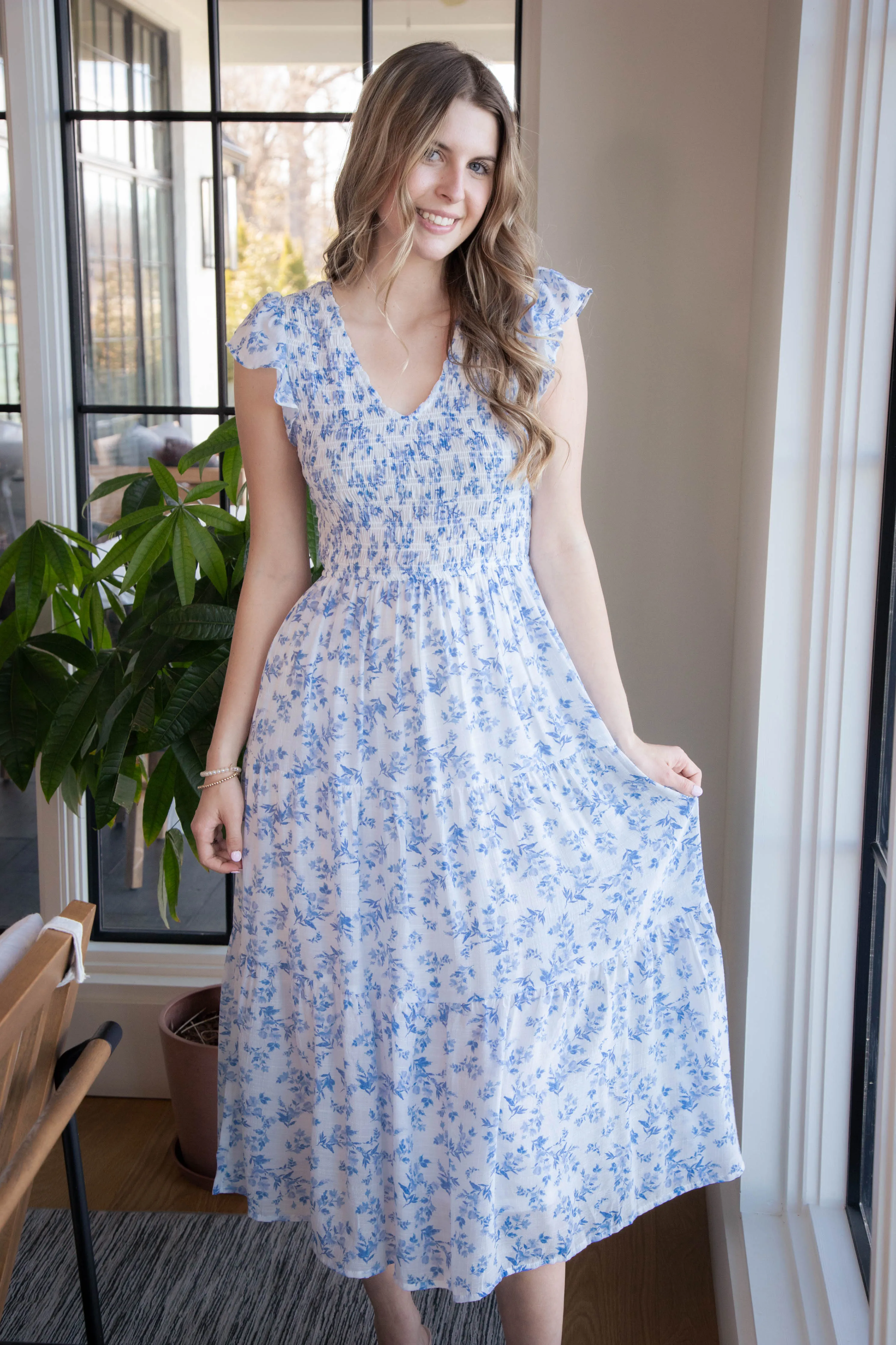 Astrid Floral V-Neck Smocked Dress, Blue Multi sold by North & Main Clothing Company product image thumbnail 4